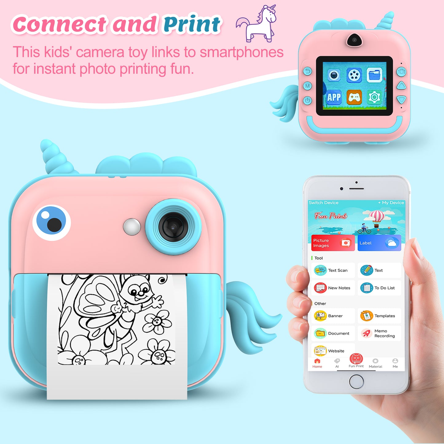 USCAMEL Kids Camera Instant Print, Mobile Compatible 2.4in Digital Camera with Print Paper, Photo Video, Selfie Dual Camera Portable Travel Camera Toys for Boys & Girls Gift