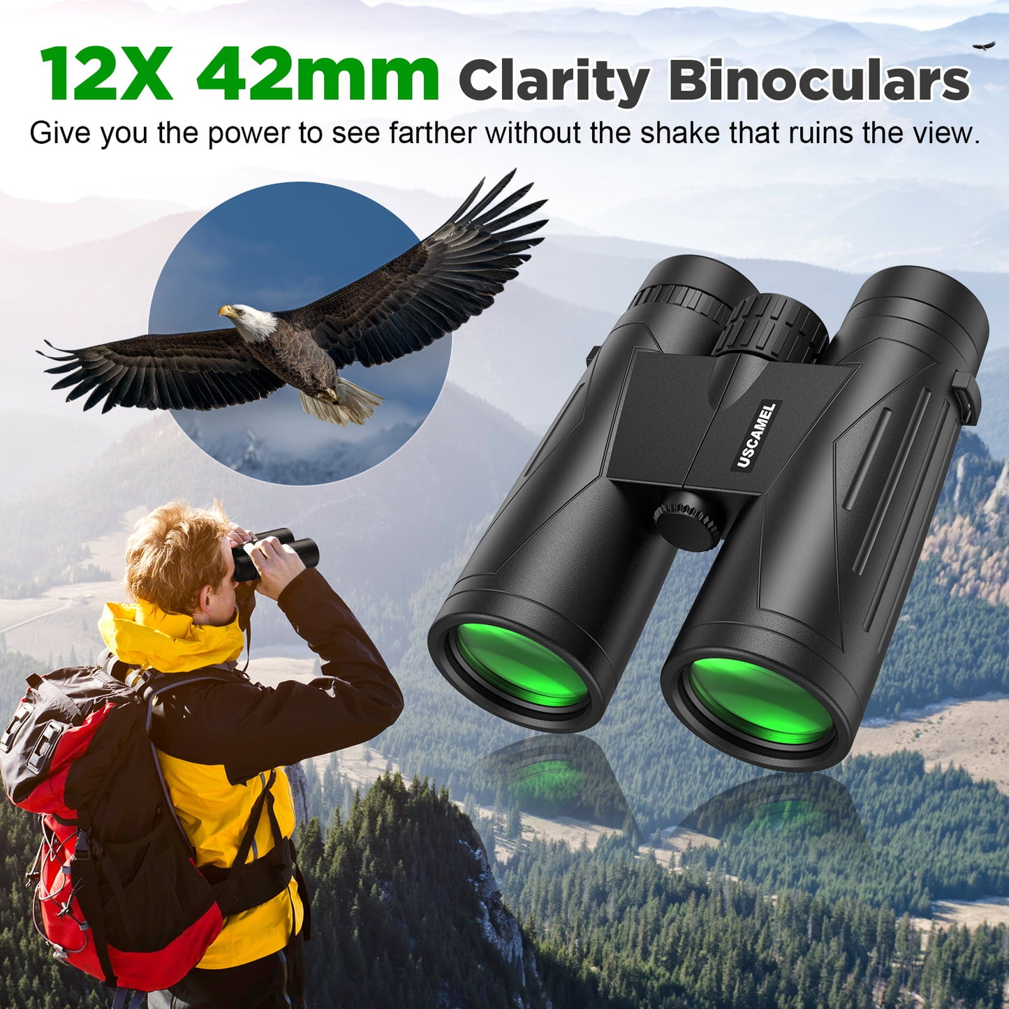 USCAMEL 12x42 Binoculars for Adults, High Power Lightweight Binoculars with Low Light Vision, Compact HD Professional Binoculars for Bird Watching, Stargazing, Hunting, Travel Sports Camping Concerts