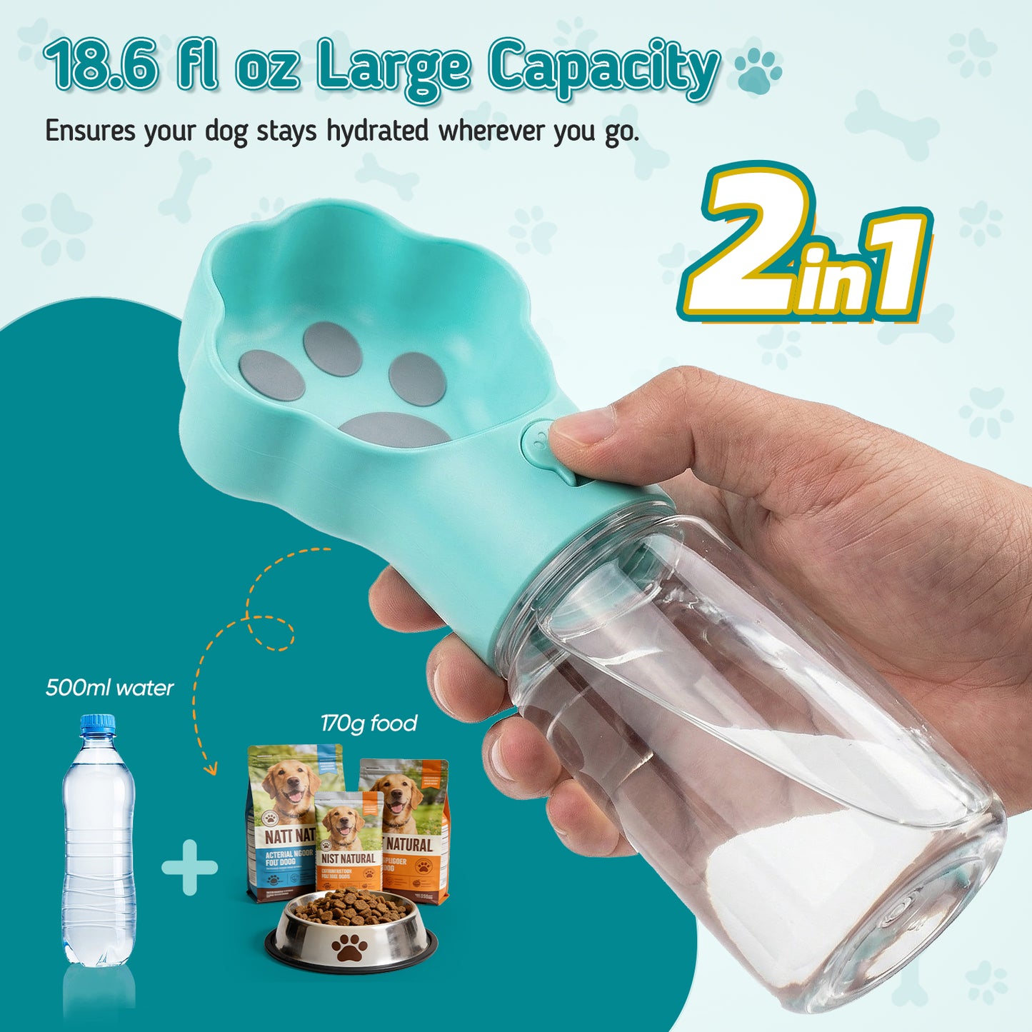 Hutact Dog Water Bottle with Food Container, 18.6oz Pet Dispenser Cup, Detachable 5.7oz Food Container, Portable Leak-Proof Water Bottle with Lock