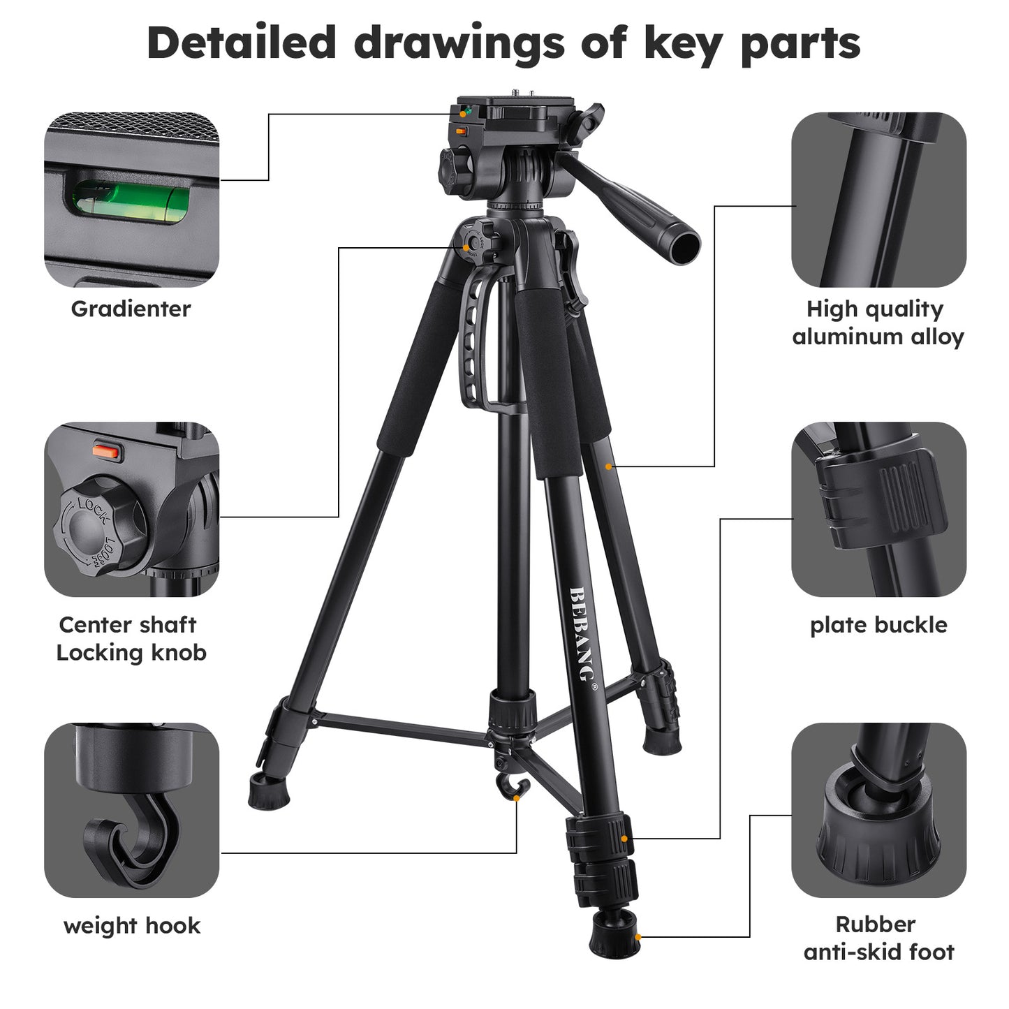 67" Camera Tripod, Portable and Flexible Tripod with Clip and Adapter, Porfessional Aluminum Tripod Stand for Mirrorless/DSLR/Phone/Camcorder/Spotting Scopes/Binoculars Telescope