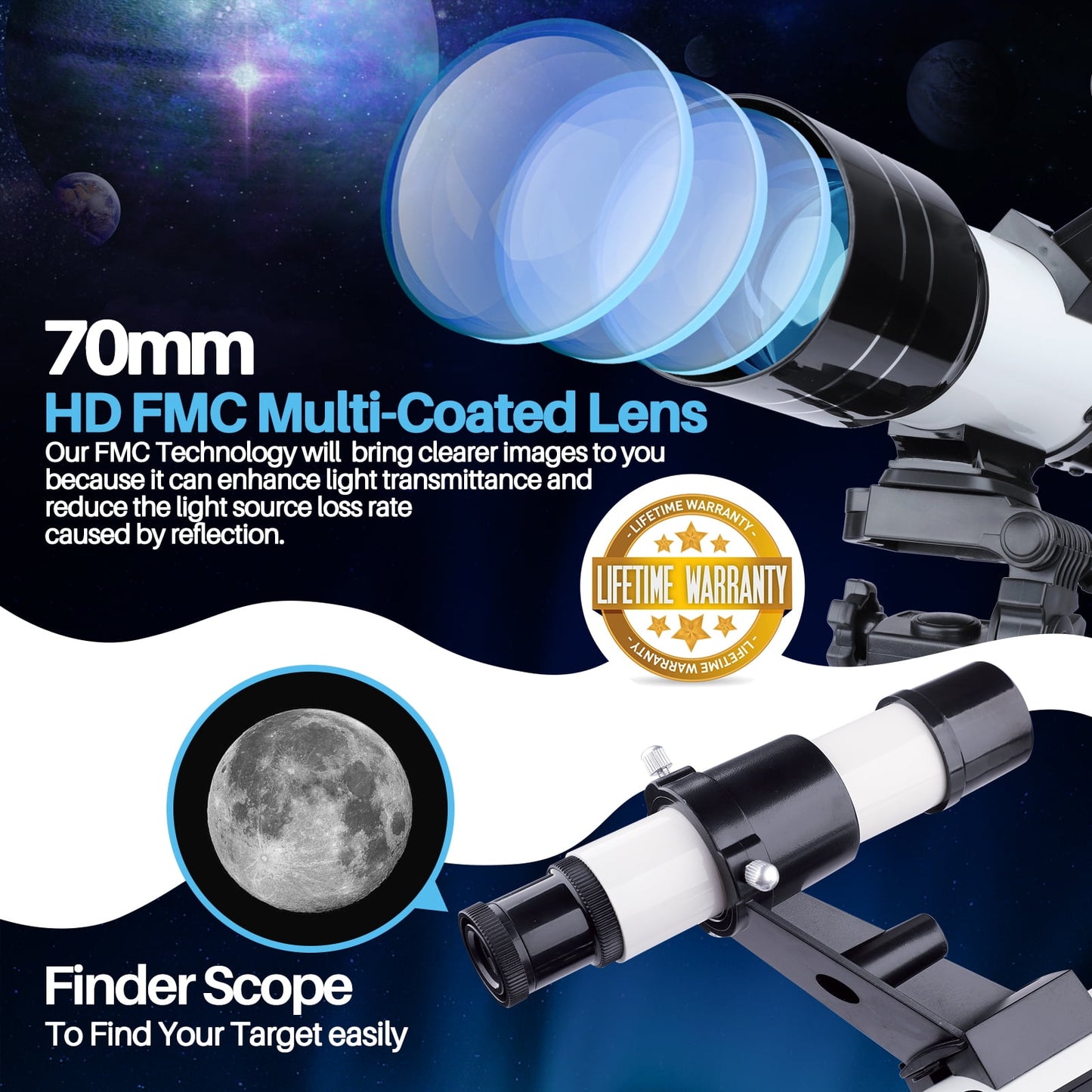 USCAMEL 70MM Telescope for Adults Astronomy, Telescope for Kids Beginners, BAK4 Prism Glass FMC Lens Coating Portable Refractor Astronomical Telescope with Tripod