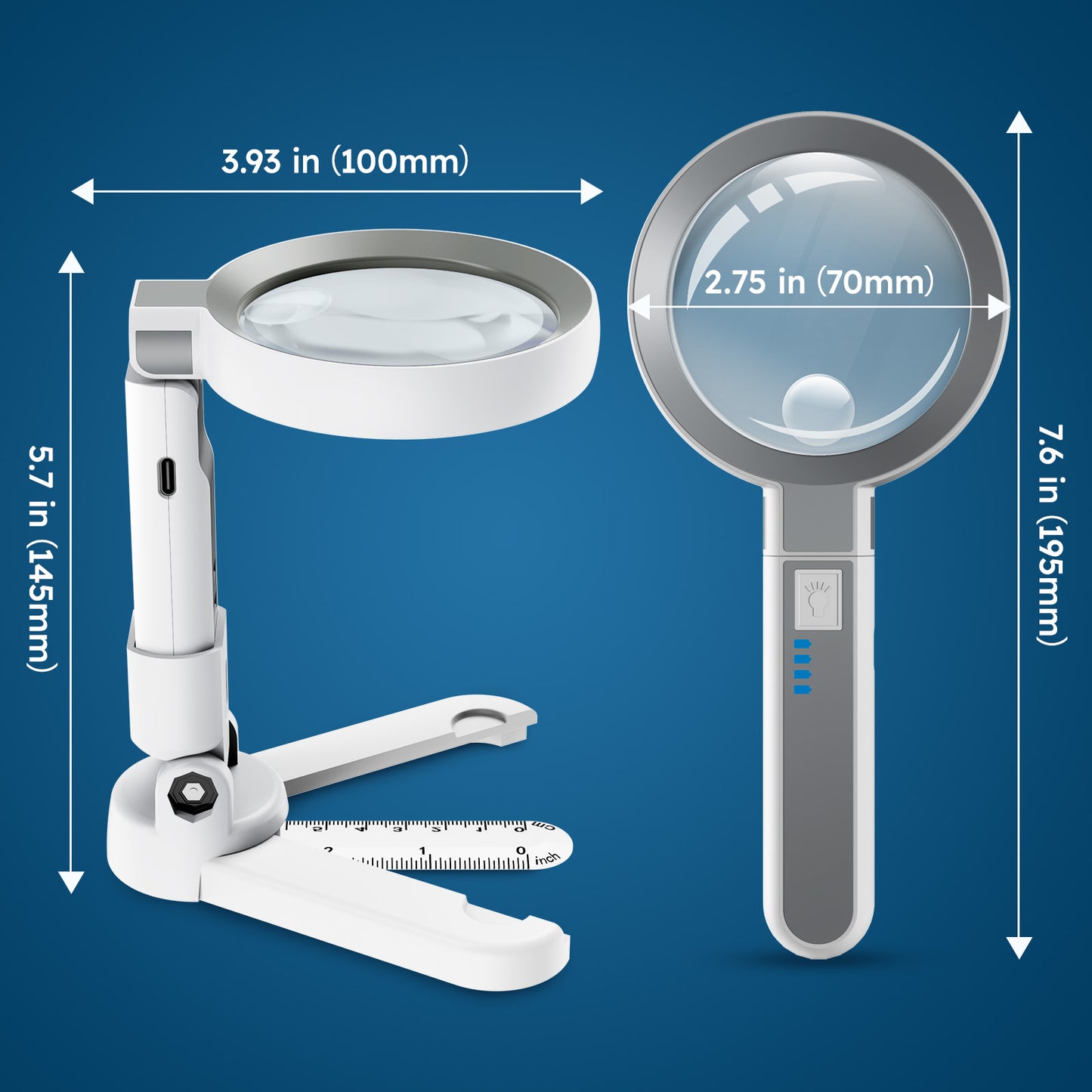 70mm Lighted Magnifying Glass with 2" Ruler, 5X 10X Magnifier LEDs Lamp, 3 Light Setting, Rechargeable Magnifying Glass Real Glass Lens for Close Work, Repair, Reading, Crafts