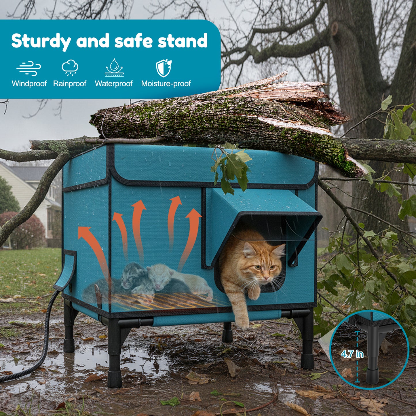 HUTACT Winter Heated Cat House Heated Pad for Outdoor Use, Elevated Small Feral Cat House with Escape Door, Outdoor Indoor Cat Shelter with Chew-Proof Cord Circuit Protection