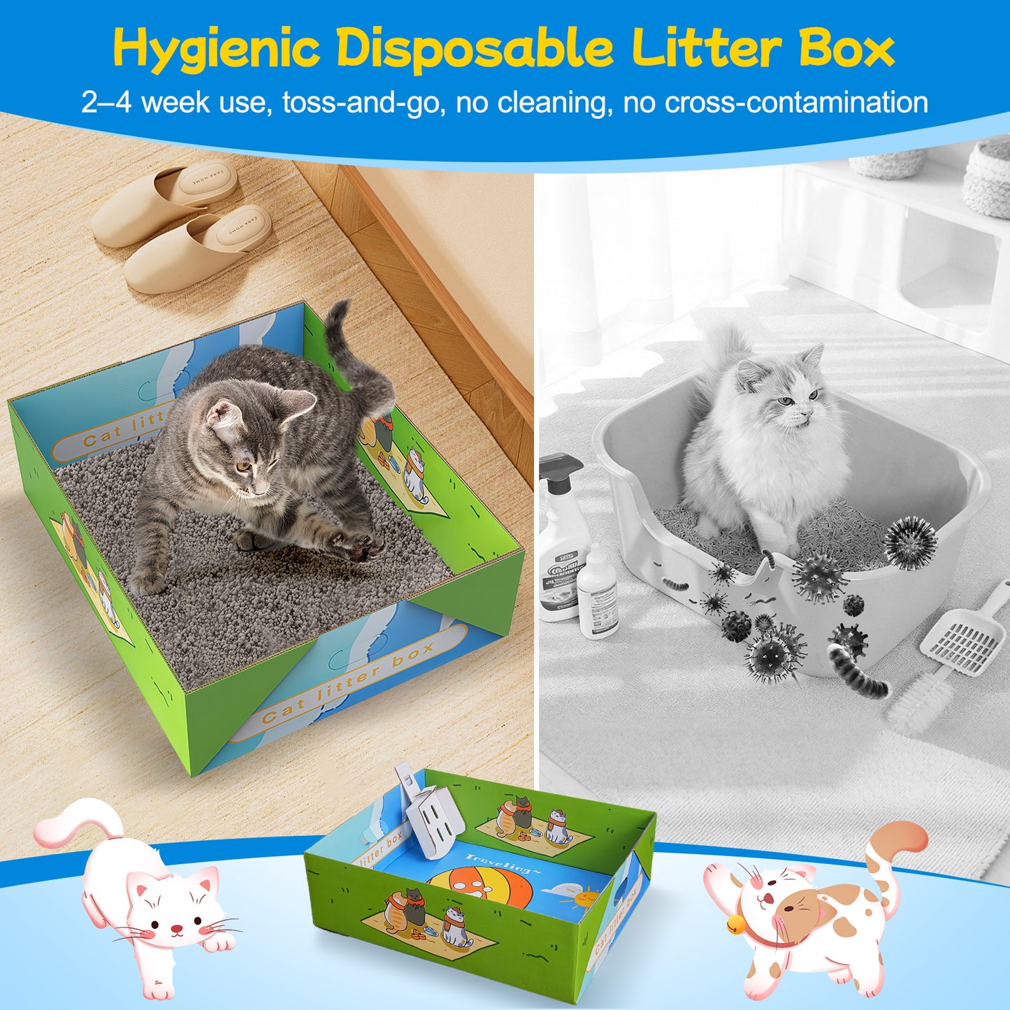 Hutact 2 Pack Disposable Cat Litter Box, 19.1" Extra Large Portable Litter Pan for Large Cats Foldable Litter Box Leak-Proof Cat Potty + 2 Litter Scoops for Travel Use