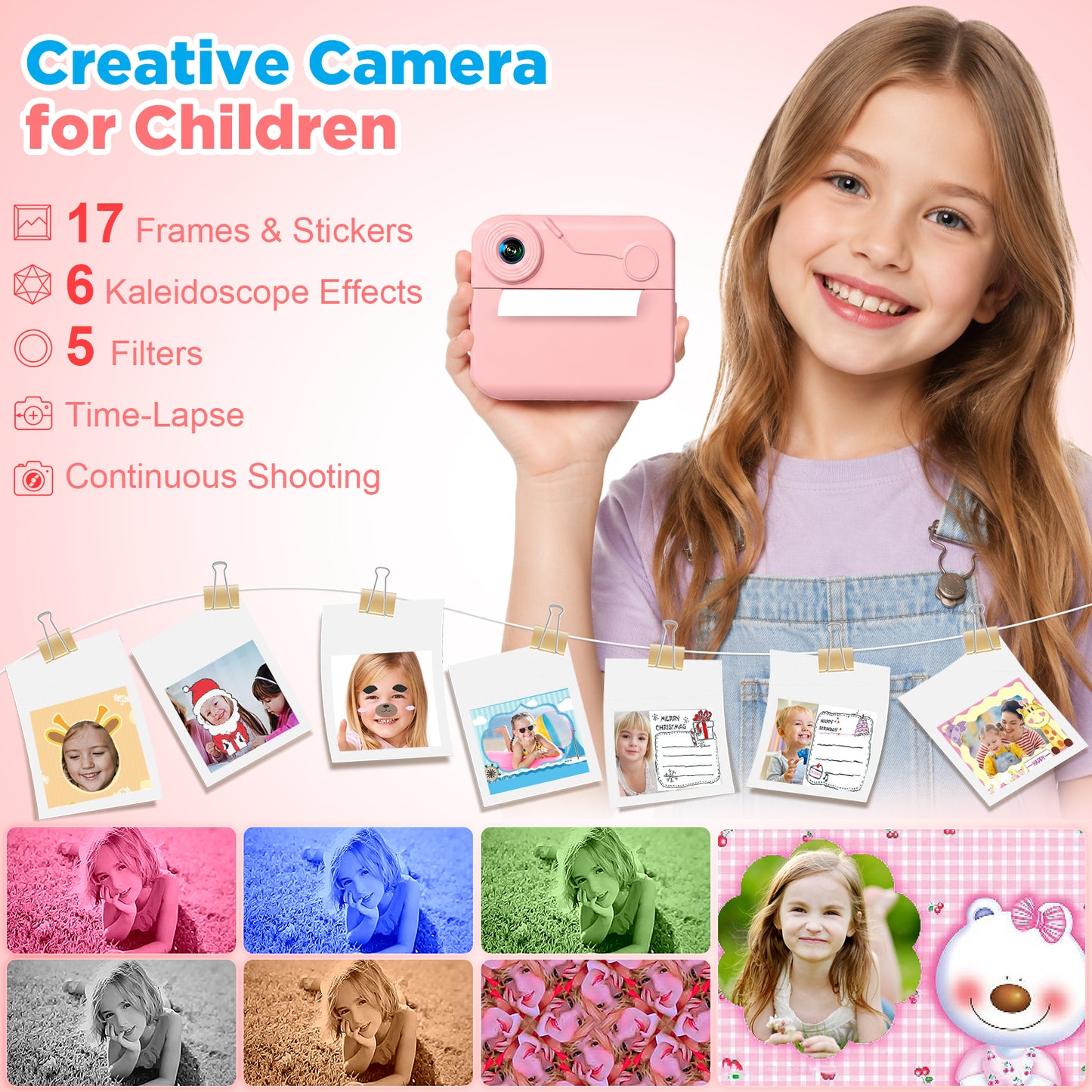 USCAMEL Kids Camera Instant Print, Mobile Compatible 2.4in Digital Camera with Print Paper, Photo Video, Selfie Dual Camera Portable Travel Camera Toys for Boys & Girls Gift