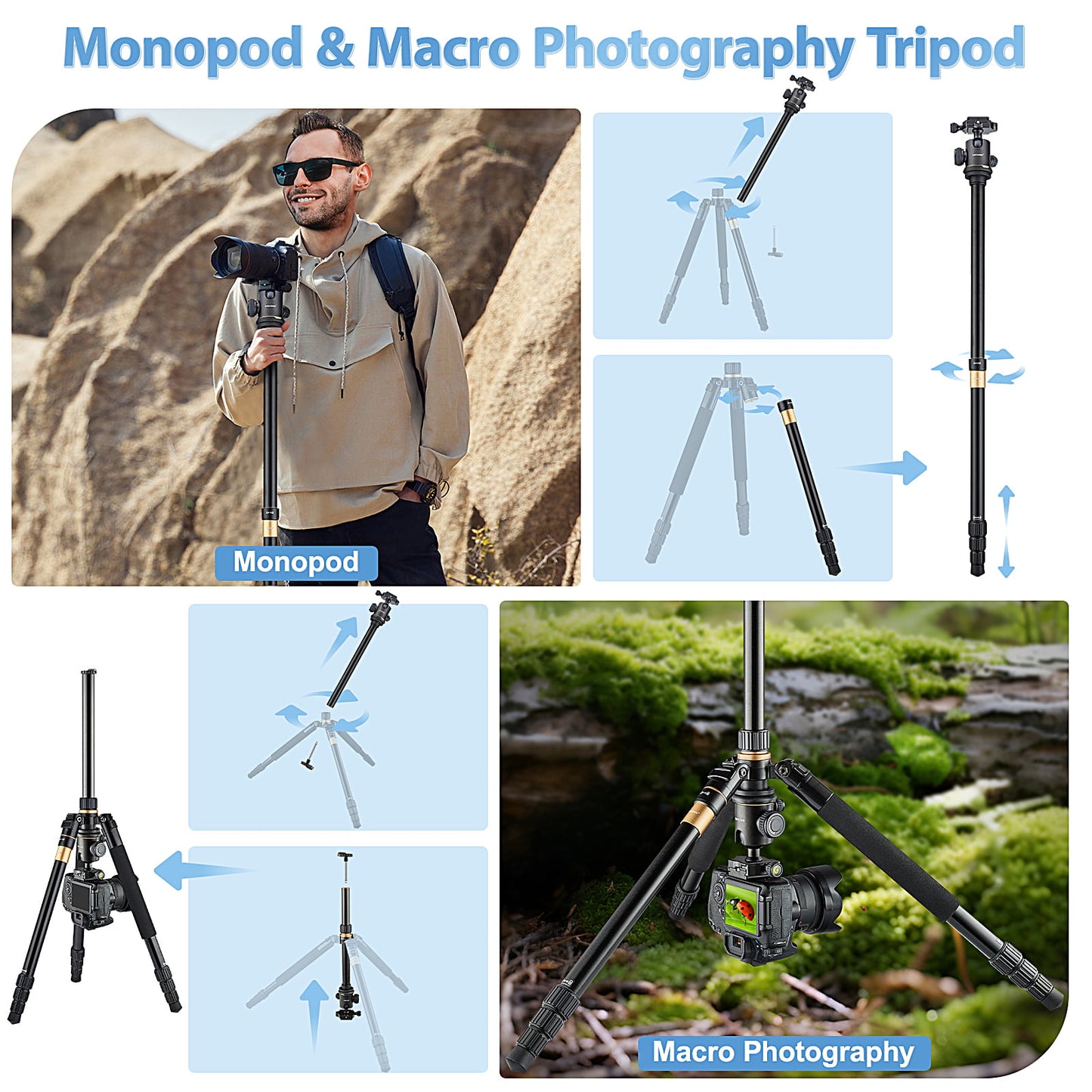 USCAMEL Camera Tripod, Pro Video Tripods for Camera DSLR Adjustable 63" Monopod, Foldable Outdoor Shooting Tripod Travel Photography 360° Ball Head