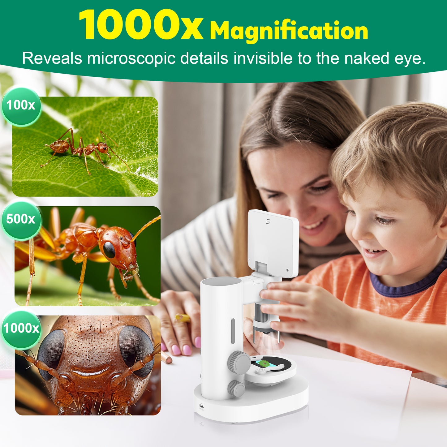 HUTACT Digital Microscope with 3.5” LCD Screen, Microscope for Kids & Adults, 1000X Microscope with Detachable Stand LED Lights, PC Compatible, 10MP HD Imaging, Microscope Kit with Slides