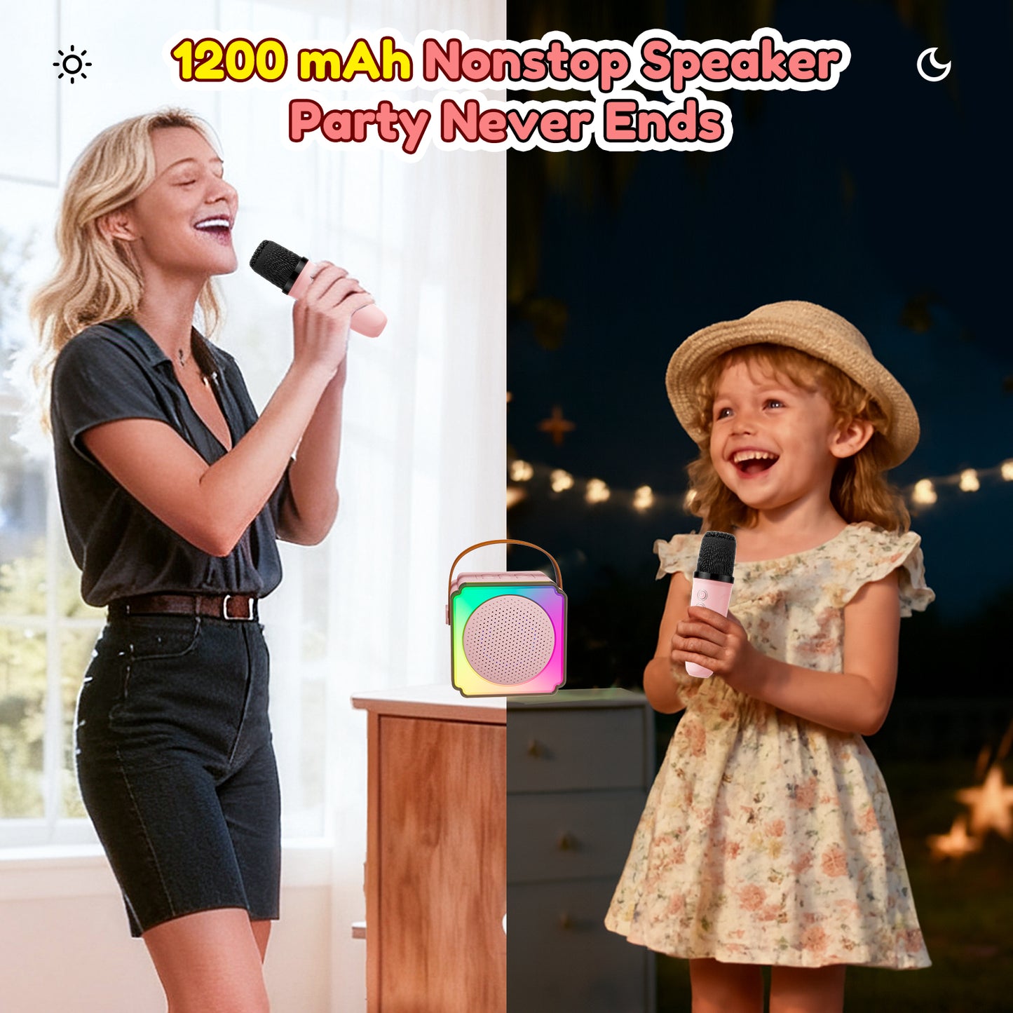 Upgraded Mini Karaoke Machine for Kids, Portable Bluetooth Speaker with 2 Microphones, 1200mAh Wireless Kids Karaoke Birthday Gift for Girls Boys, Pink