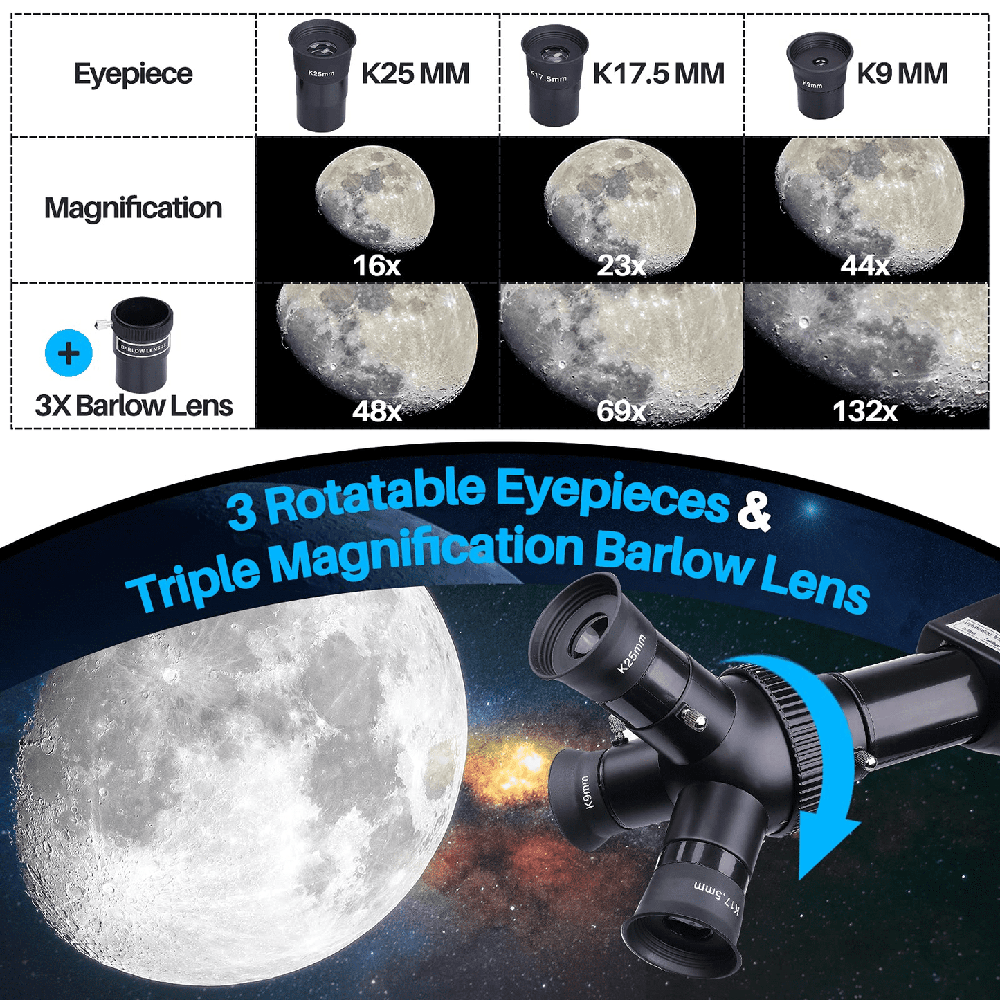 USCAMEL Telescope for Adults Kids Beginners- 3 Rotatable Eyepieces 70mm Aperture 400mm Astronomy Refractor Telescope with Adjustable Tripod - Perfect Telescope Gift for Kids View Aurora Moon Planets