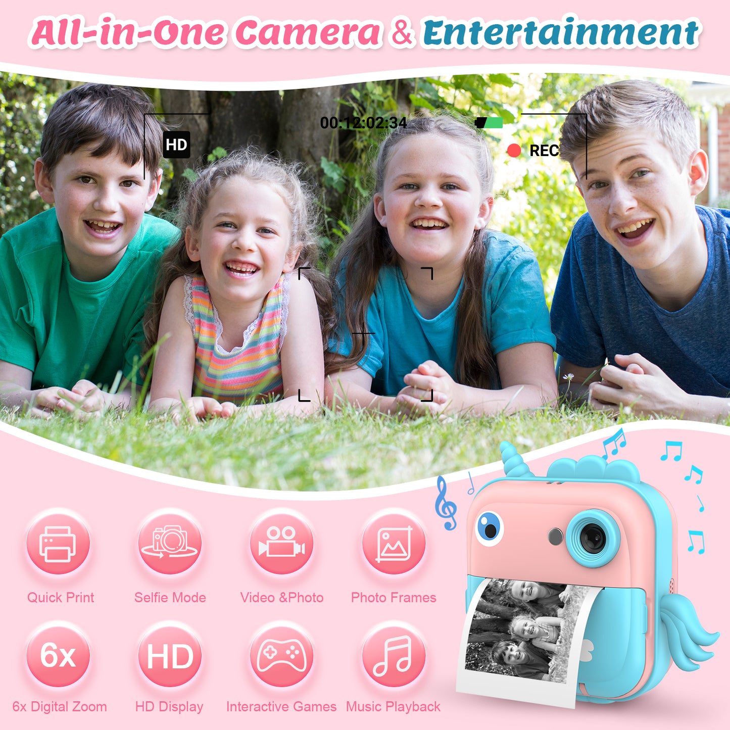 USCAMEL Kids Camera Instant Print, Mobile Compatible 2.4in Digital Camera with Print Paper, Photo Video, Selfie Dual Camera Portable Travel Camera Toys for Boys & Girls Gift