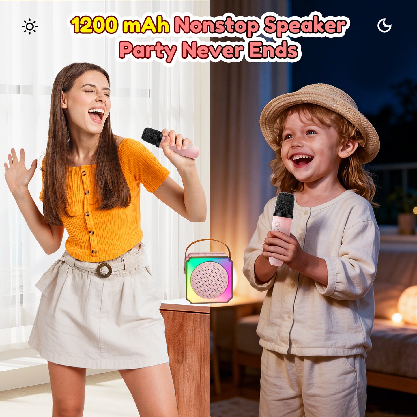 Upgraded Mini Karaoke Machine for Kids, Portable Bluetooth Speaker with 2 Microphones, 1200mAh Wireless Kids Karaoke Birthday Gift for Girls Boys, Pink
