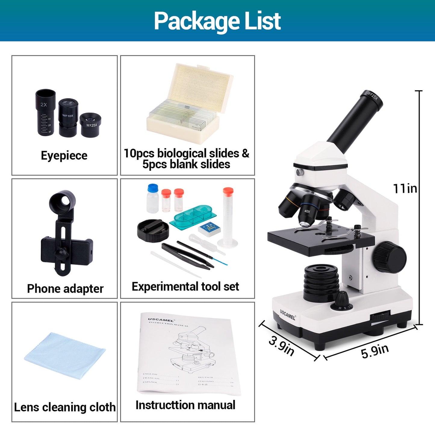 Uscamel 40X-2000X Biological Microscope LED suitable for children, beginners, and adults for school, laboratory, and home education