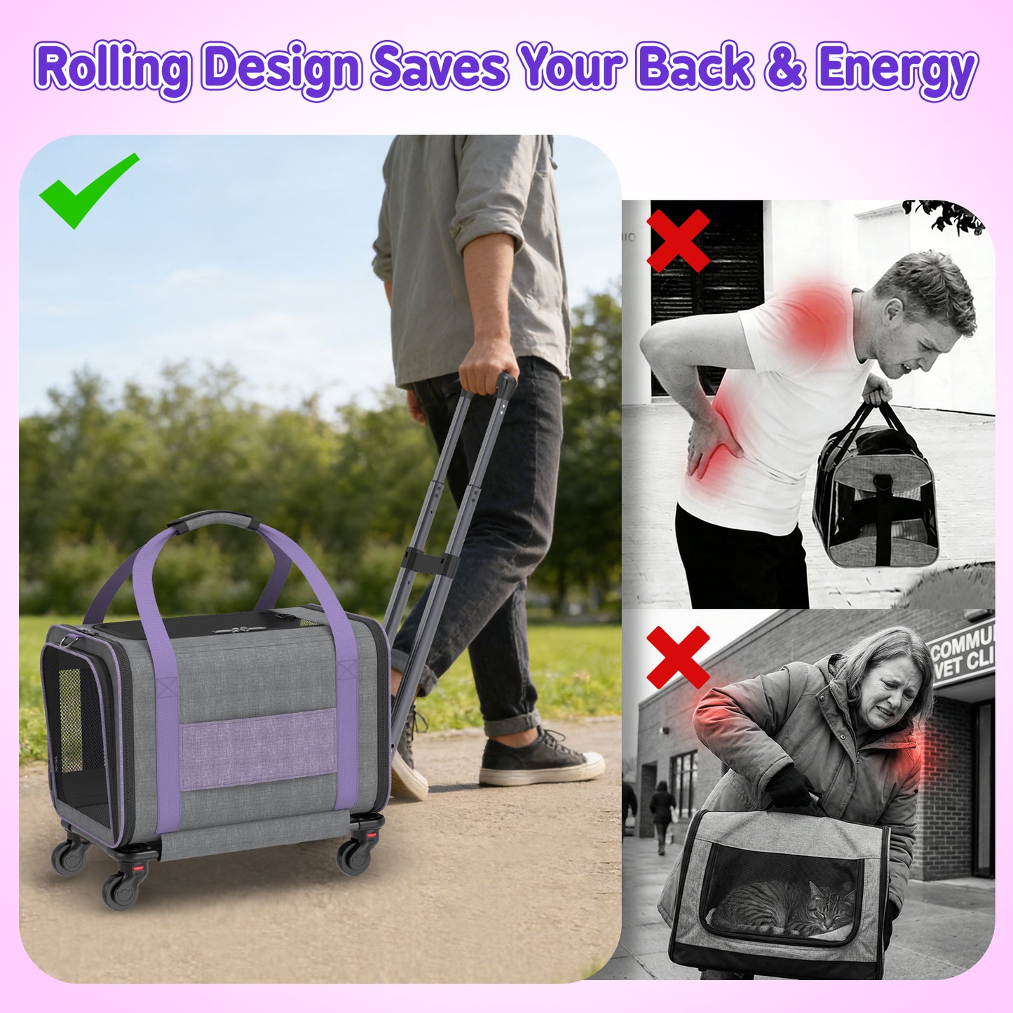 Hutact Rolling Cat Carrier with Wheels, Purple Pet Travel Trolley for Cats & Small Dogs, Airline Approved Cat Carrier Bag with Telescopic Handle for Outdoor Use
