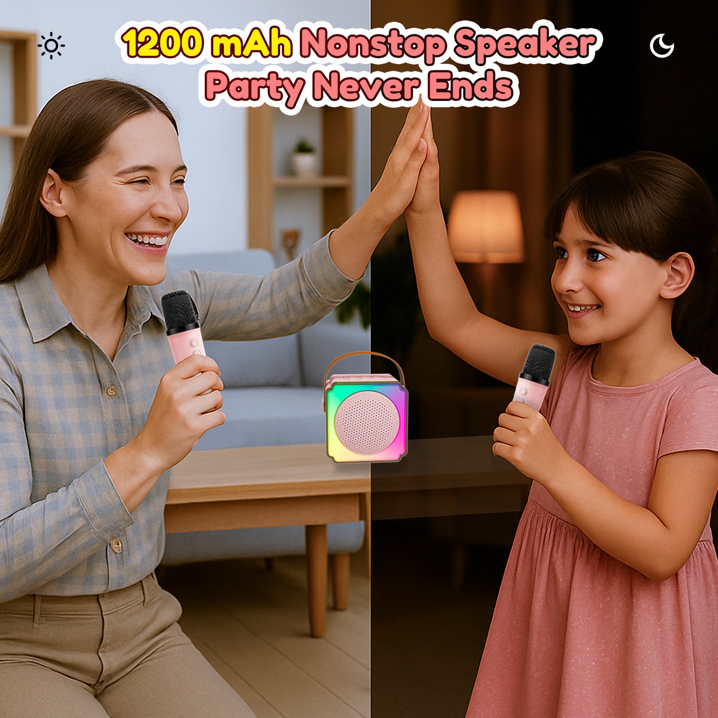 Upgraded Mini Karaoke Machine for Kids, Portable Bluetooth Speaker with 2 Microphones, 1200mAh Wireless Kids Karaoke Birthday Gift for Girls Boys, Pink