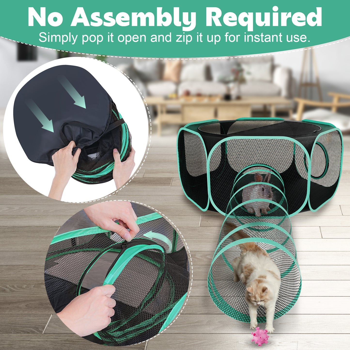 HUTACT Pet Playpen with Tunnel for Cats and Small Dogs 47" Portable Exercise Tent, Rabbit Playpen Foldable Indoor Outdoor Travel Use, Come with Carrying Case