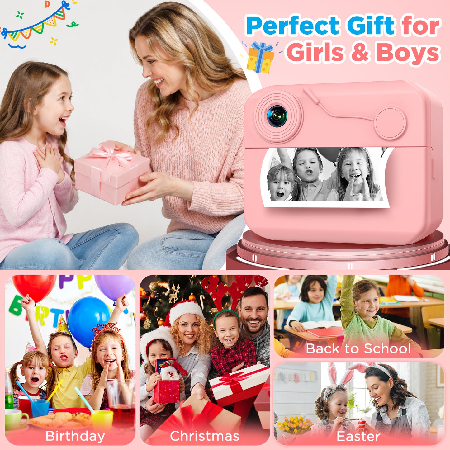 USCAMEL Kids Camera Instant Print, Mobile Compatible 2.4in Digital Camera with Print Paper, Photo Video, Selfie Dual Camera Portable Travel Camera Toys for Boys & Girls Gift