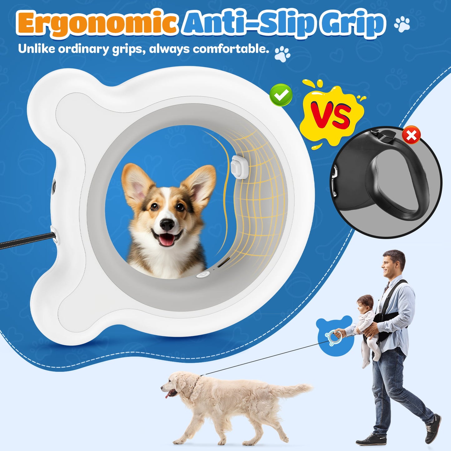 HUTACT Upgrade Retractable Dog Leash with LED Light for Night Walks, Safe 9.84ft Heavy Duty Dog Leash with Hand Free Handle, Tangle-Free for Dog up to 66lbs