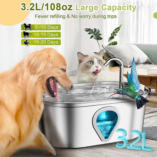 Cat Water Fountain Stainless Steel, 3.2L/108oz Pet Water Fountain for Cats Dogs, Anti-Dry Burning, 3 Filters