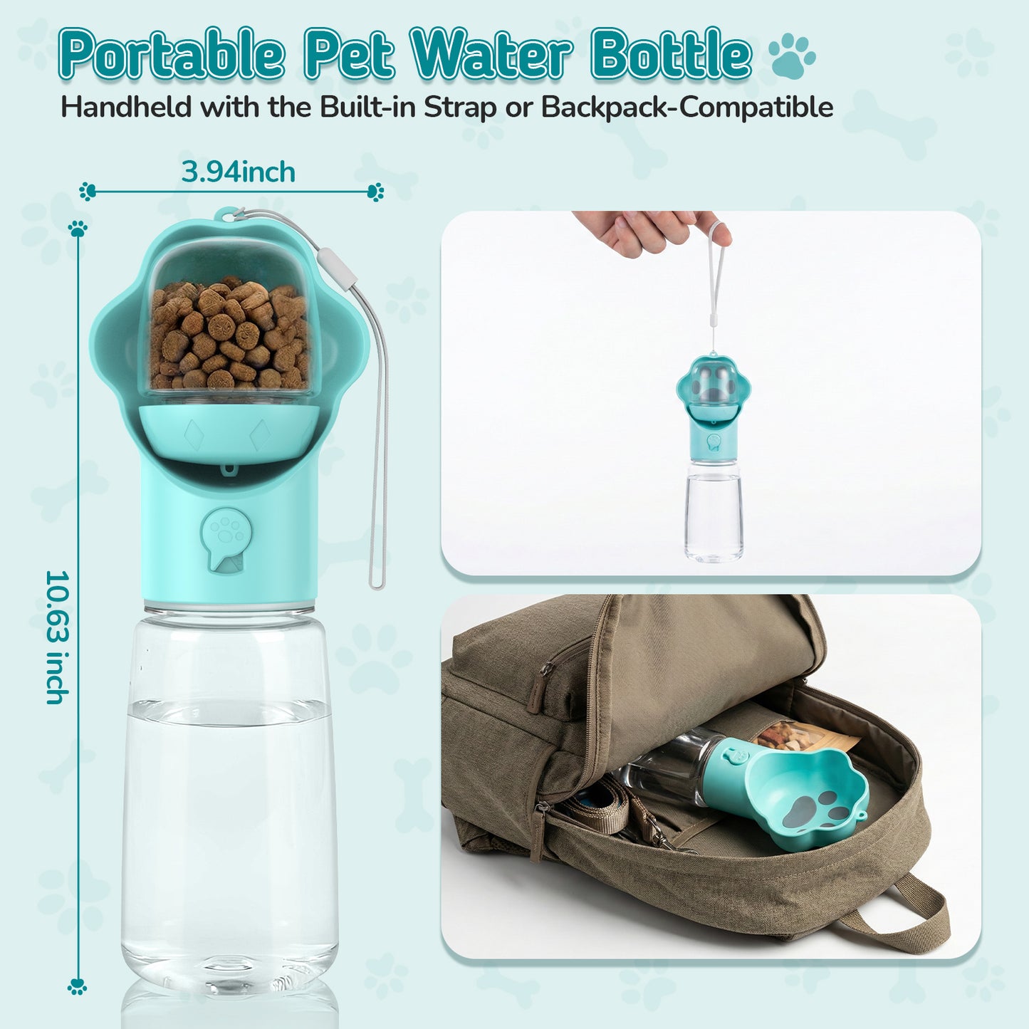 Hutact Dog Water Bottle with Food Container, 18.6oz Pet Dispenser Cup, Detachable 5.7oz Food Container, Portable Leak-Proof Water Bottle with Lock
