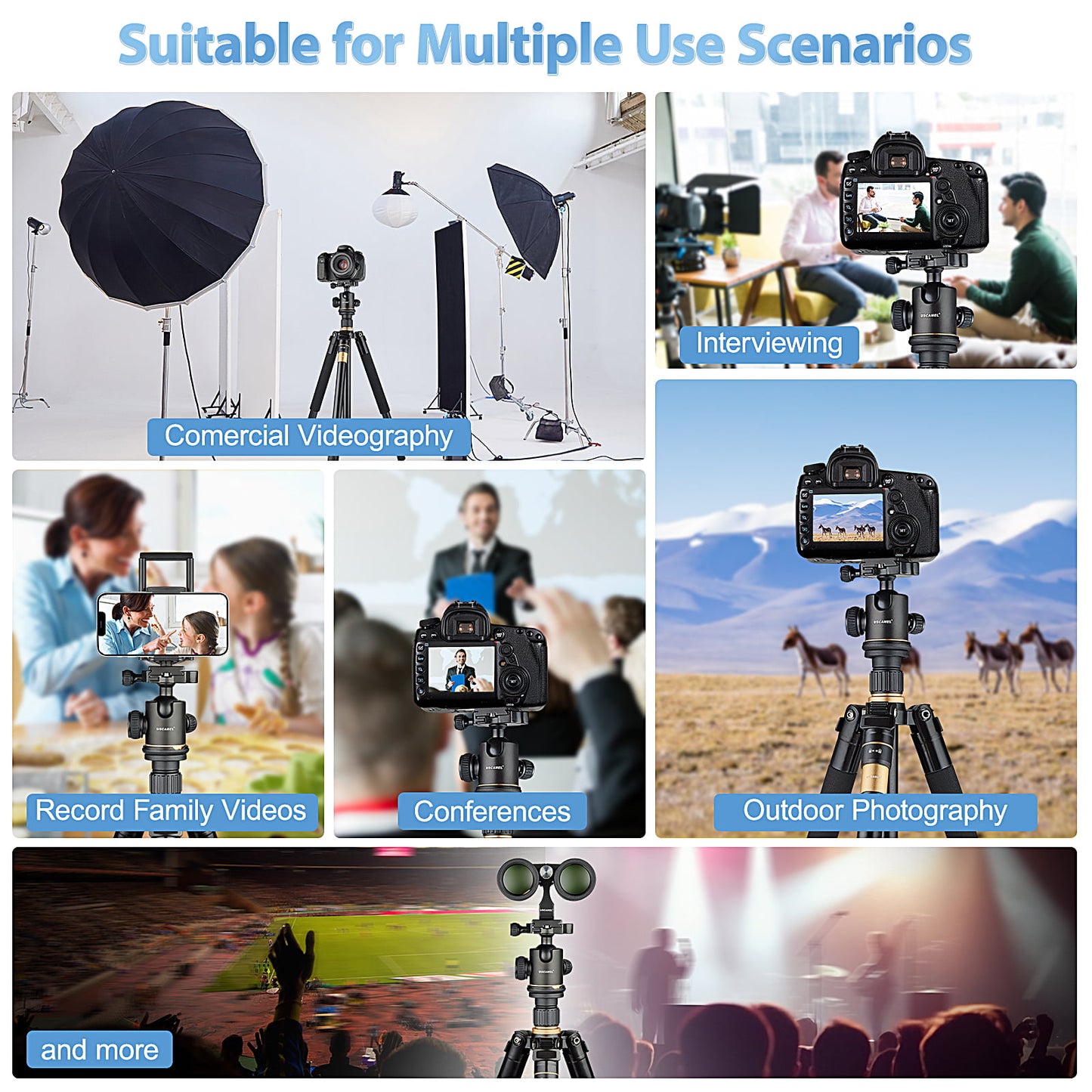 USCAMEL Camera Tripod, Pro Video Tripods for Camera DSLR Adjustable 63" Monopod, Foldable Outdoor Shooting Tripod Travel Photography 360° Ball Head