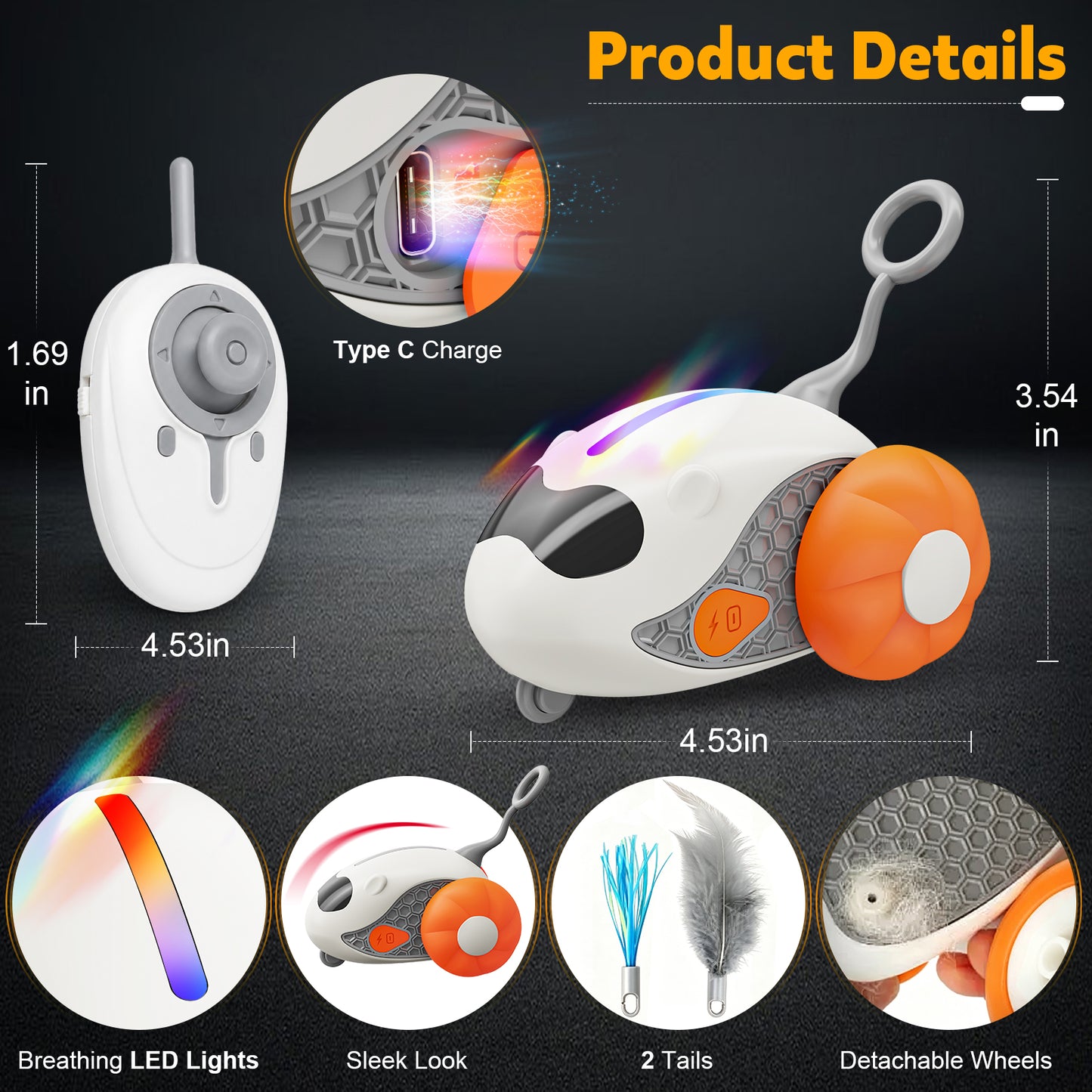 HUTACT Mouse Cat Toy with Remote, Interactive Rechargeable Automatic Moving Play Toy for Indoor Kittens, 2 Modes Fake Mouse with 2 Tails, Chasing Toy to Relieve Cat Boredom