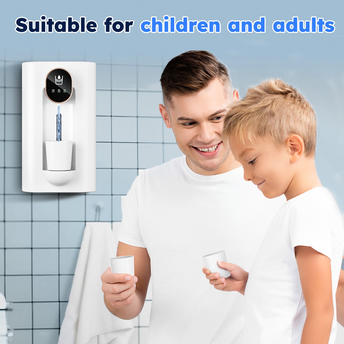 Automatic Mouthwash Dispenser for Bathroom 18.26 oz for Kids Adult w/ 2 Cups Wall-Mounted Mouth Wash Dispenser 1200mAh, White