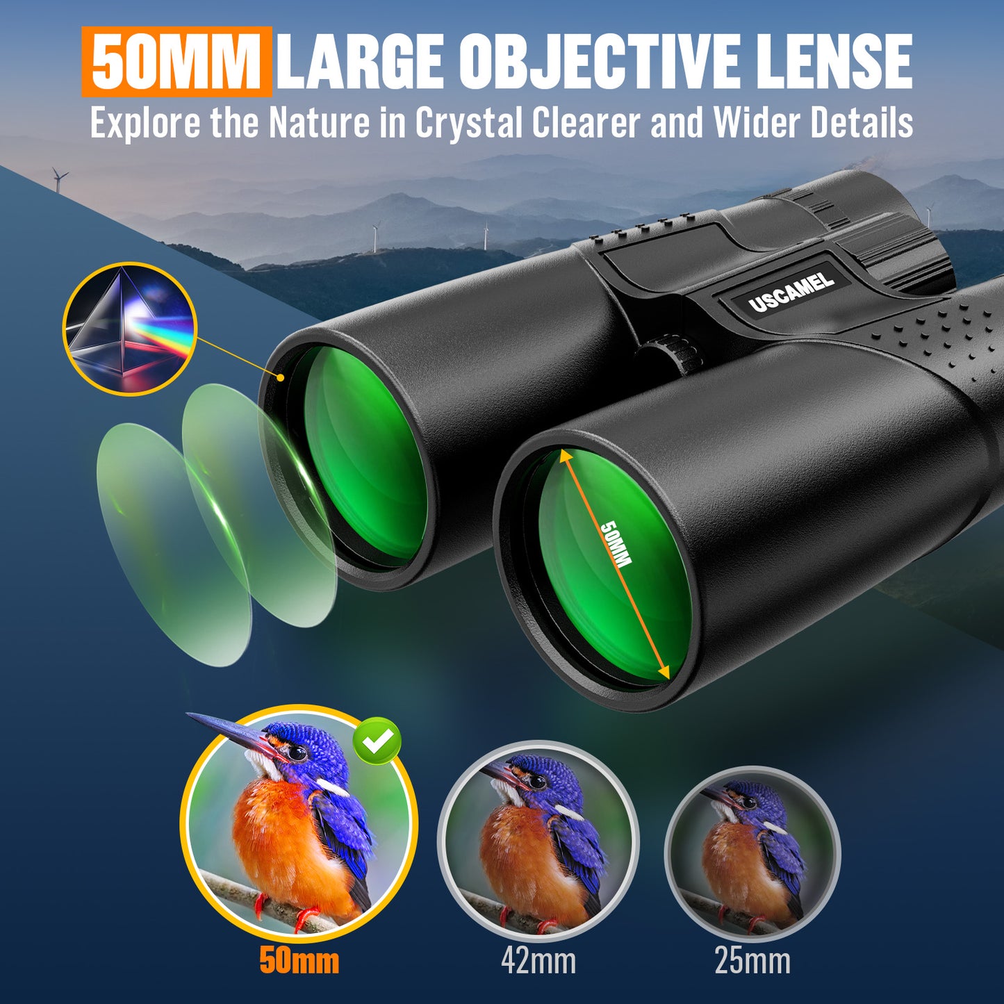 USCAMEL 50mm Binoculars for Adults, Large Objective 10x Clear View Binoculars, Nitrogen-filled Waterproof Fog-proof Binoculars for Birding Outdoor Hunting Camping Portable Outside