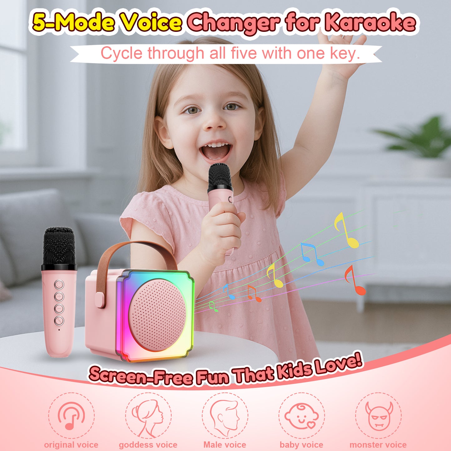 Upgraded Mini Karaoke Machine for Kids, Portable Bluetooth Speaker with 2 Microphones, 1200mAh Wireless Kids Karaoke Birthday Gift for Girls Boys, Pink