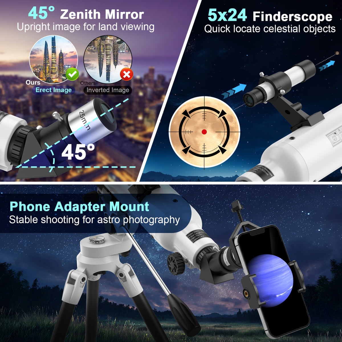 USCAMEL Telescope for Adults Beginners, 80mm Large Aperture 700mm High Powered Refractor Astronomy Telescope with Stable Tripod, Professional Telescope for Moon Planet Observation, Outdoor Stargazing