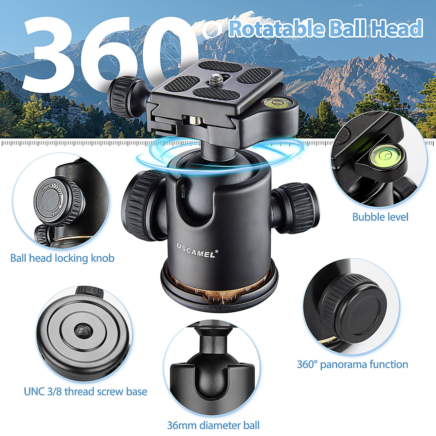 USCAMEL Camera Tripod, Pro Video Tripods for Camera DSLR Adjustable 63" Monopod, Foldable Outdoor Shooting Tripod Travel Photography 360° Ball Head