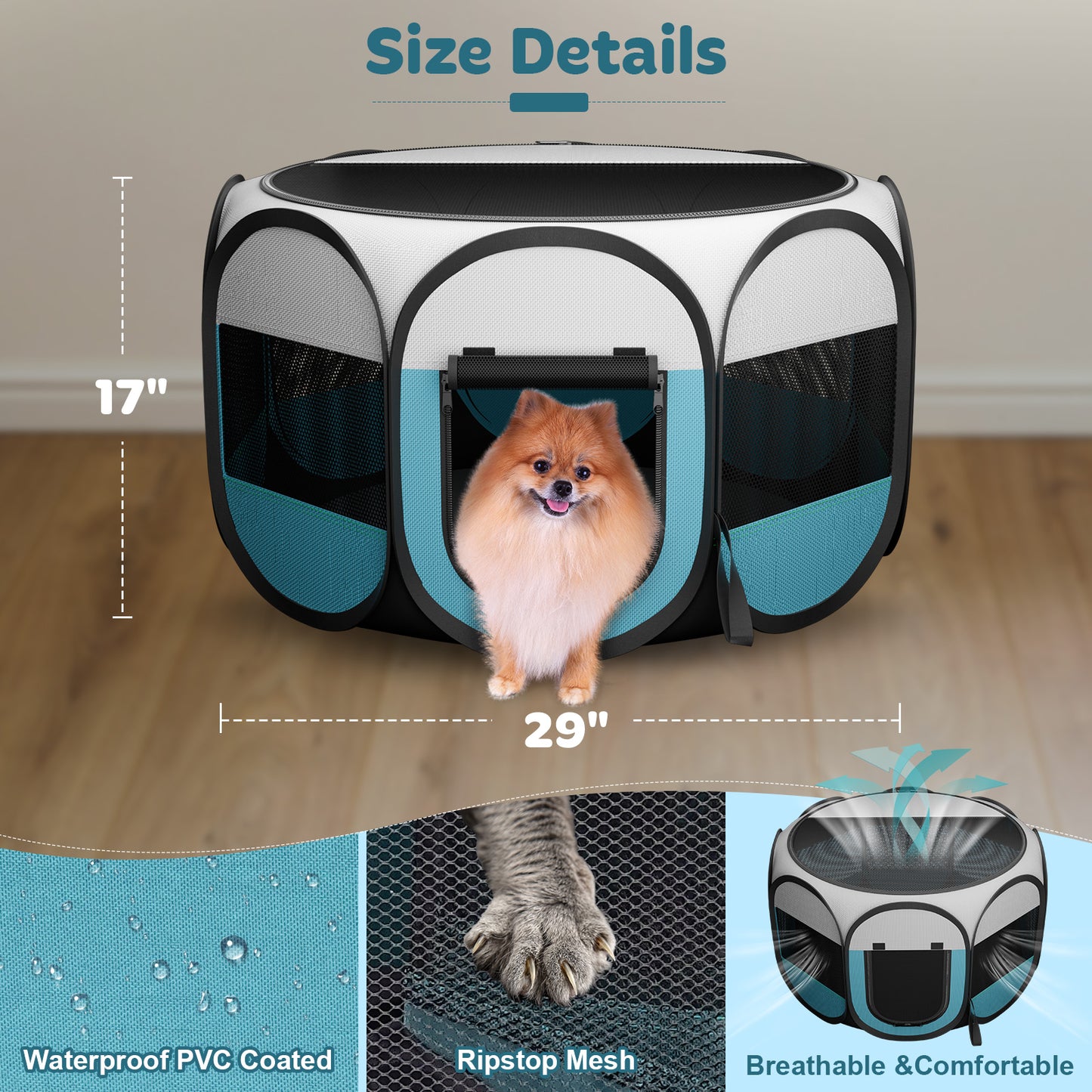HUTACT Playpen for Puppies Cats, Pop-up Playpen 29" Foldable Portable Chicken Crate Playpen for Indoor Outdoor Travel Hiking