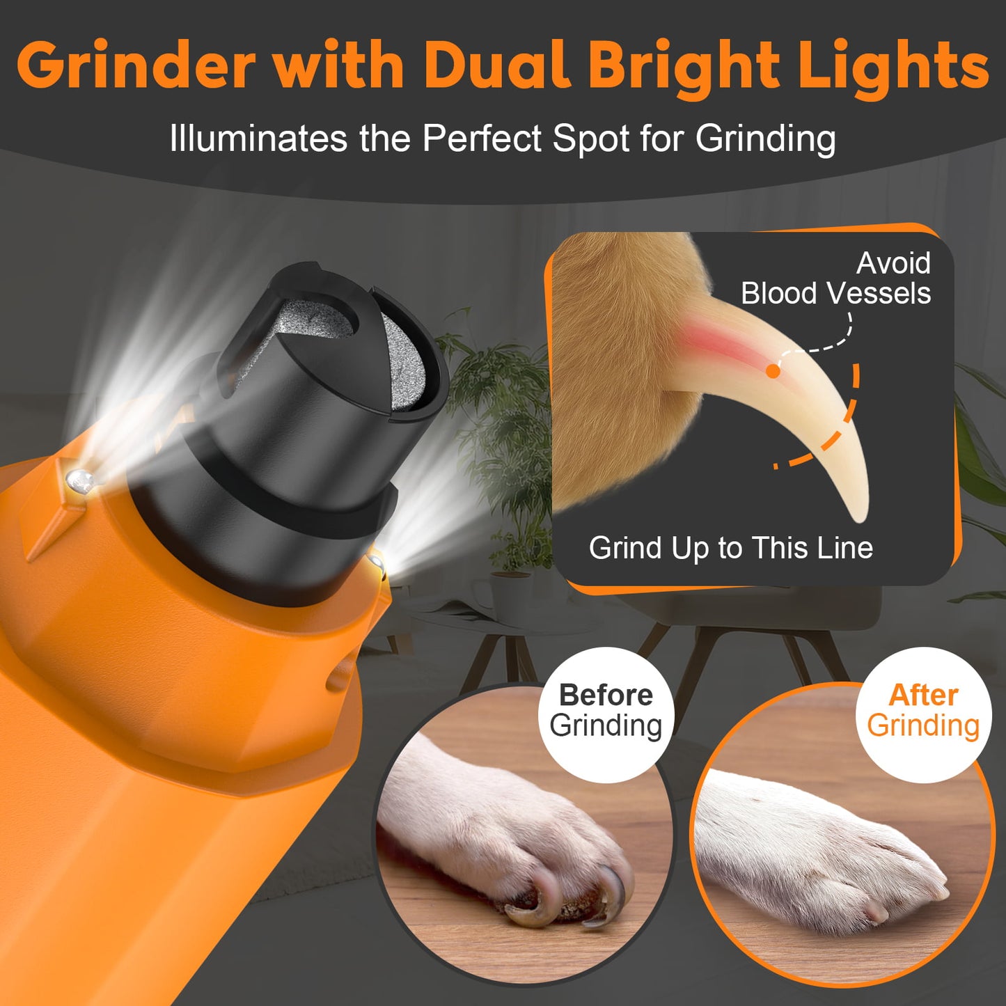 HUTACT Pet Nail Grinder for Dogs Cats, Dog Nail Grinder 5 Speeds w/ LED Light 1200mAh Rechargeable Trimmer Nail Grooming Clipper