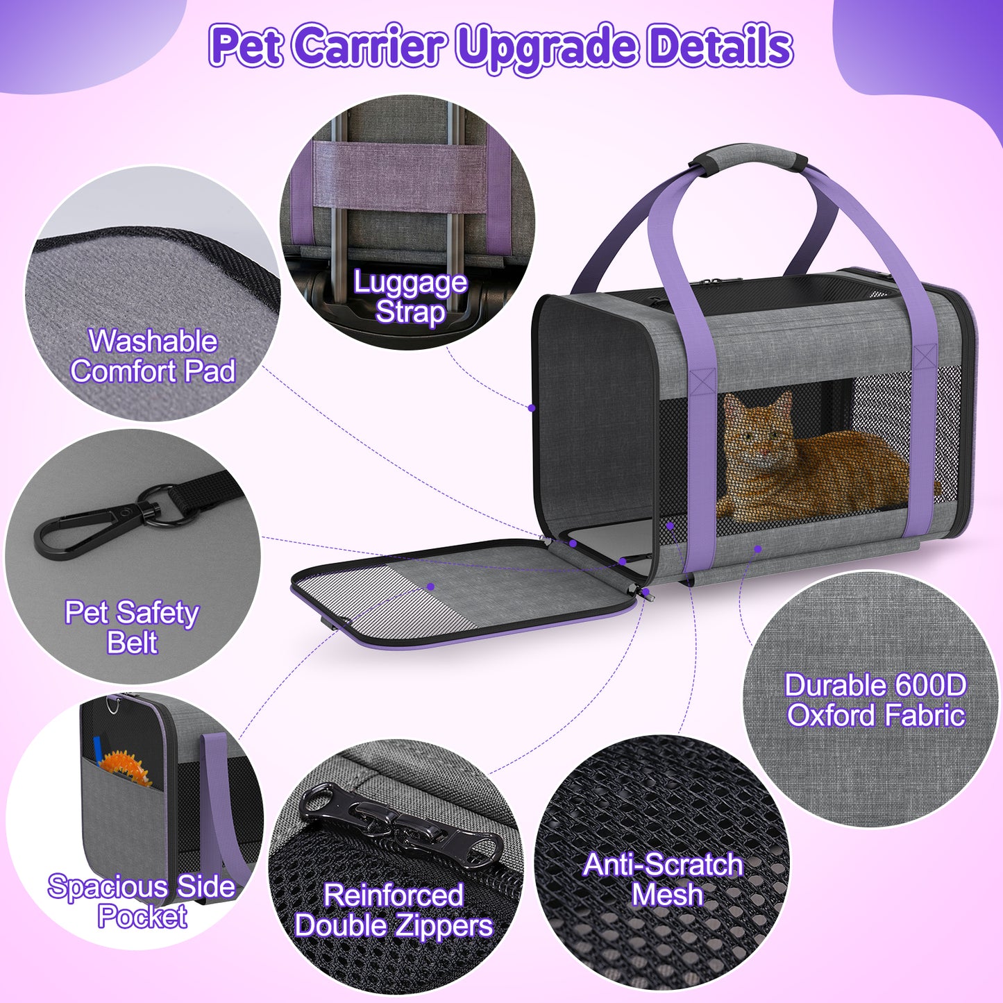 Hutact Rolling Cat Carrier with Wheels, Purple Pet Travel Trolley for Cats & Small Dogs, Airline Approved Cat Carrier Bag with Telescopic Handle for Outdoor Use