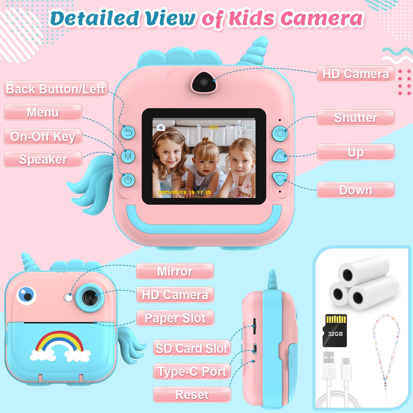 USCAMEL Kids Camera Instant Print, Mobile Compatible 2.4in Digital Camera with Print Paper, Photo Video, Selfie Dual Camera Portable Travel Camera Toys for Boys & Girls Gift