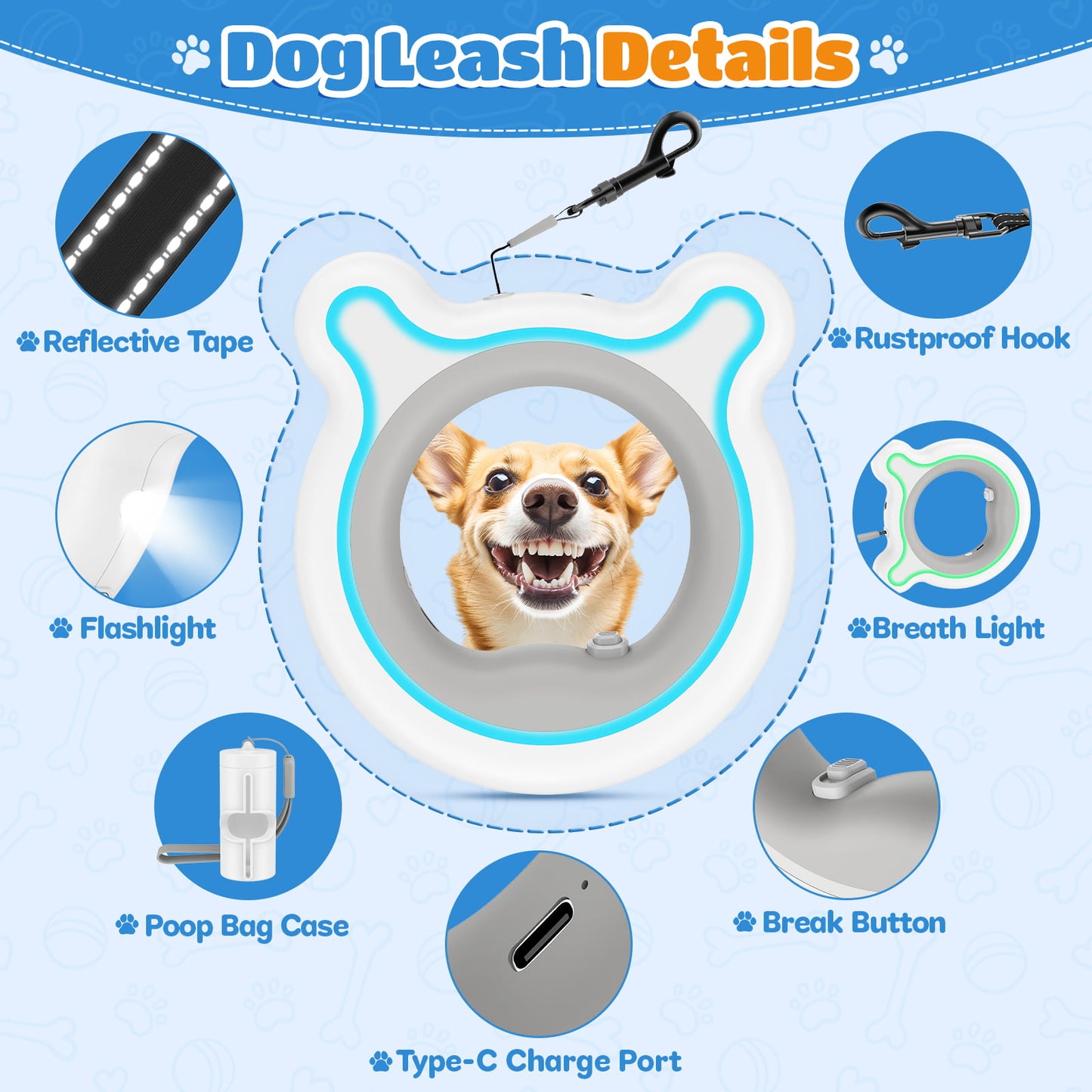 HUTACT Upgrade Retractable Dog Leash with LED Light for Night Walks, Safe 9.84ft Heavy Duty Dog Leash with Hand Free Handle, Tangle-Free for Dog up to 66lbs