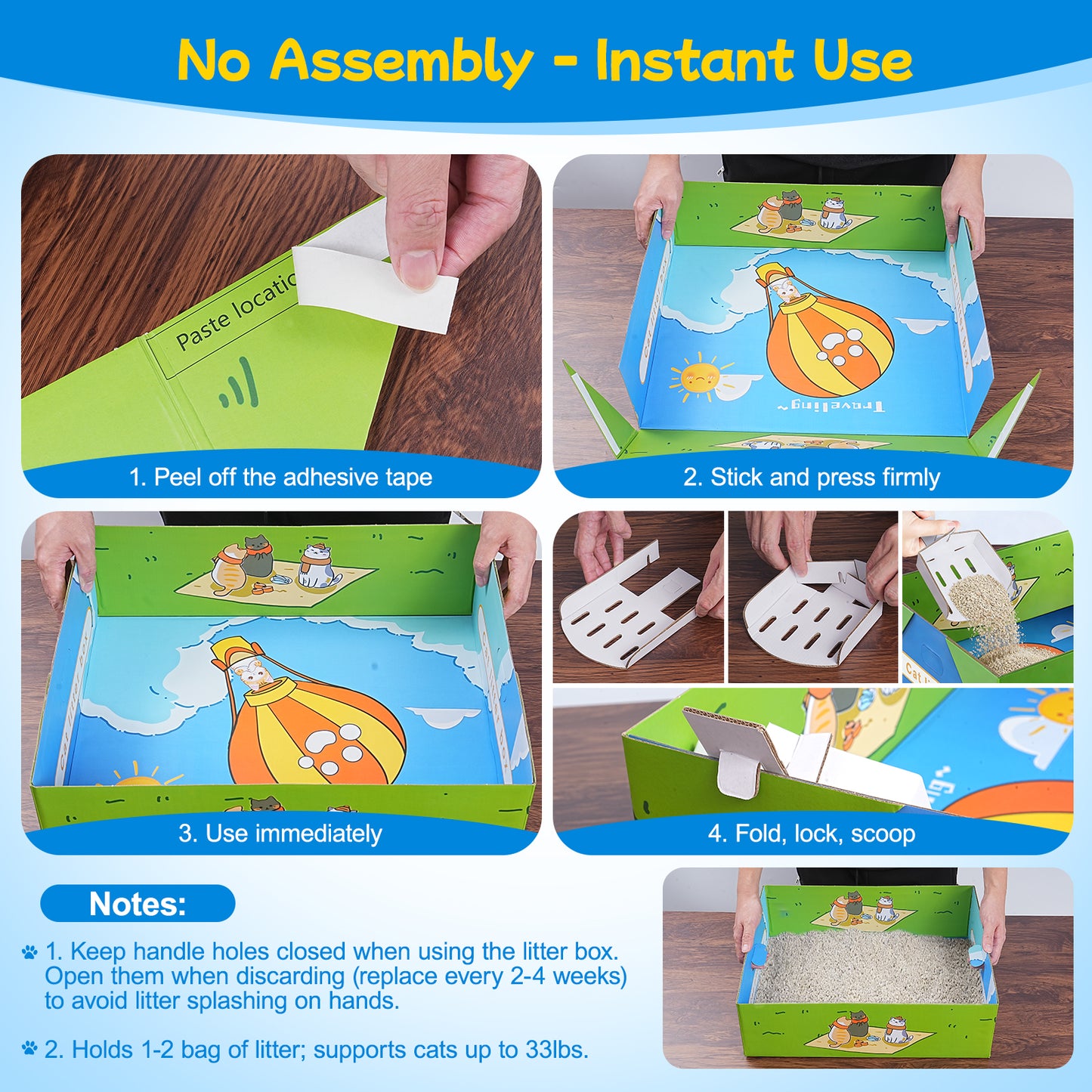 Hutact 2 Pack Disposable Cat Litter Box, 19.1" Extra Large Portable Litter Pan for Large Cats Foldable Litter Box Leak-Proof Cat Potty + 2 Litter Scoops for Travel Use