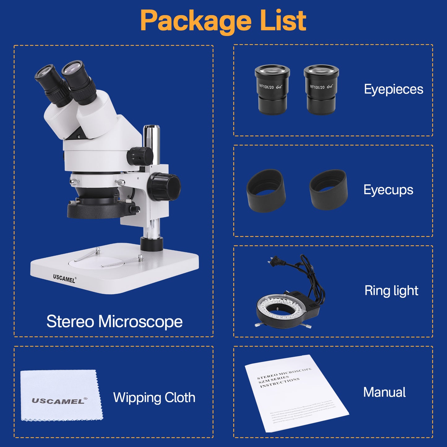 USCAMEL Binocular Stereo Microscope, Professional Microscope WF10x Eyepieces 7X-45X Magnification, 0.7X-4.5X zoom objective, LED Lighting, Pillar Stand