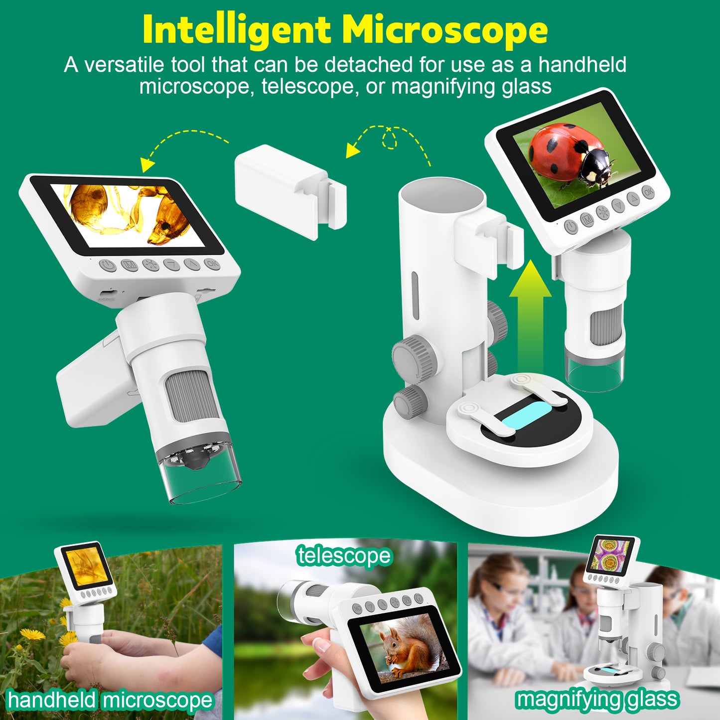 HUTACT Digital Microscope with 3.5” LCD Screen, Microscope for Kids & Adults, 1000X Microscope with Detachable Stand LED Lights, PC Compatible, 10MP HD Imaging, Microscope Kit with Slides