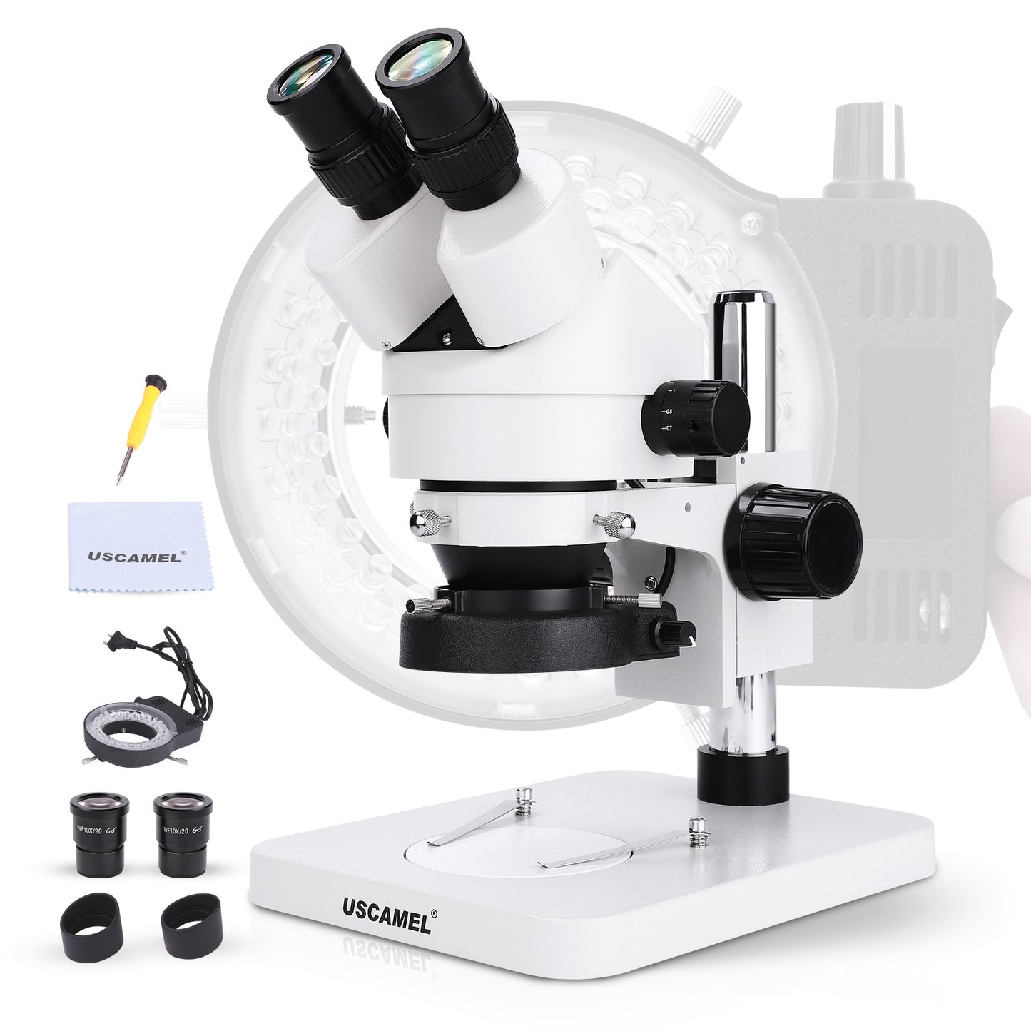 USCAMEL Binocular Stereo Microscope, Professional Microscope WF10x Eyepieces 7X-45X Magnification, 0.7X-4.5X zoom objective, LED Lighting, Pillar Stand