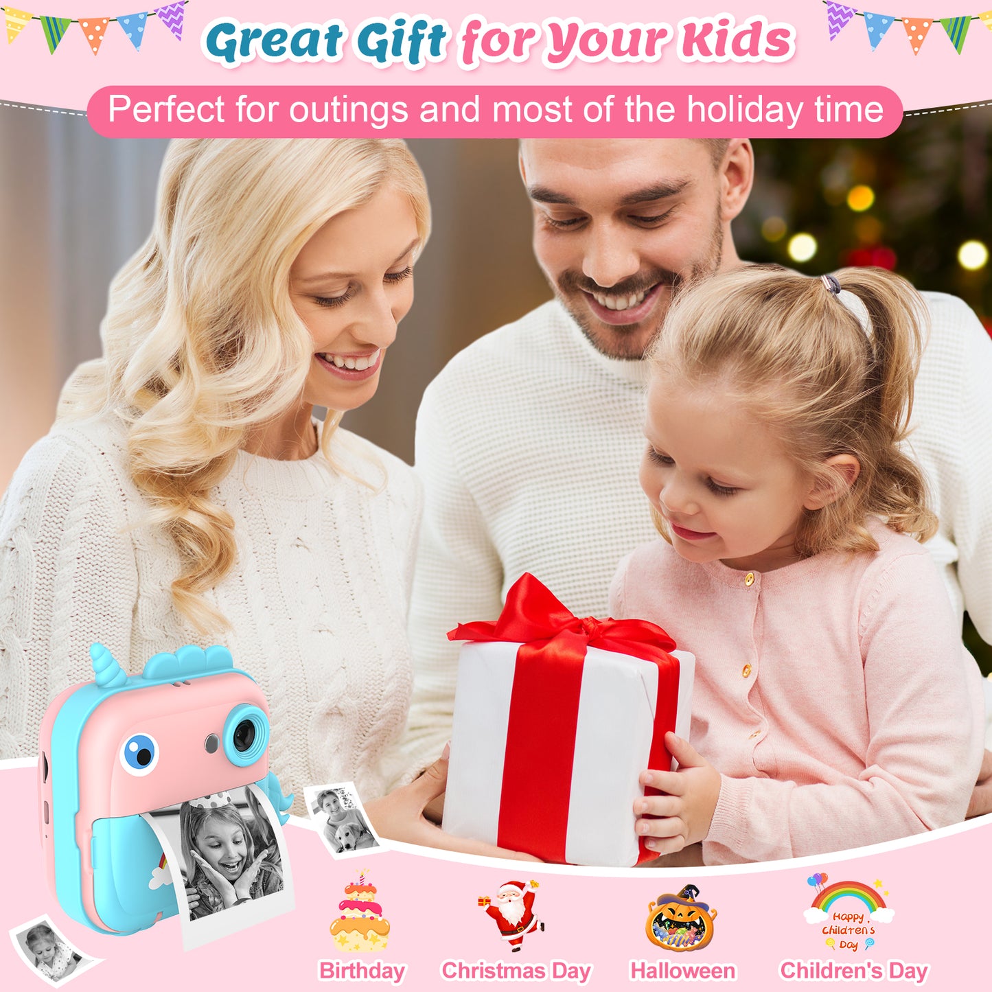 USCAMEL Kids Camera Instant Print, Mobile Compatible 2.4in Digital Camera with Print Paper, Photo Video, Selfie Dual Camera Portable Travel Camera Toys for Boys & Girls Gift