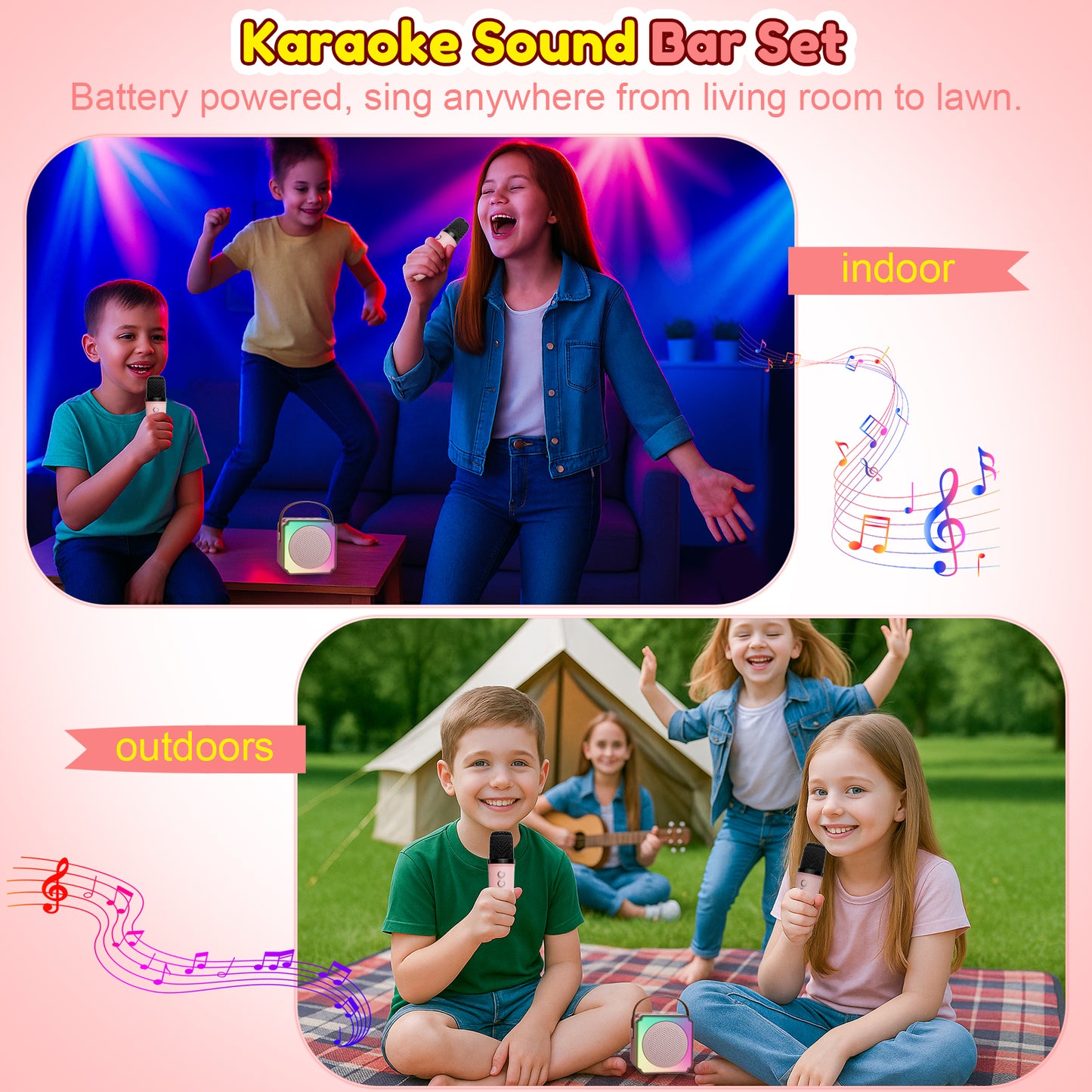Upgraded Mini Karaoke Machine for Kids, Portable Bluetooth Speaker with 2 Microphones, 1200mAh Wireless Kids Karaoke Birthday Gift for Girls Boys, Pink