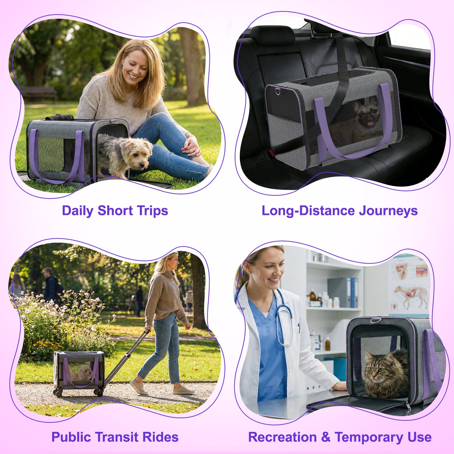 Hutact Rolling Cat Carrier with Wheels, Purple Pet Travel Trolley for Cats & Small Dogs, Airline Approved Cat Carrier Bag with Telescopic Handle for Outdoor Use