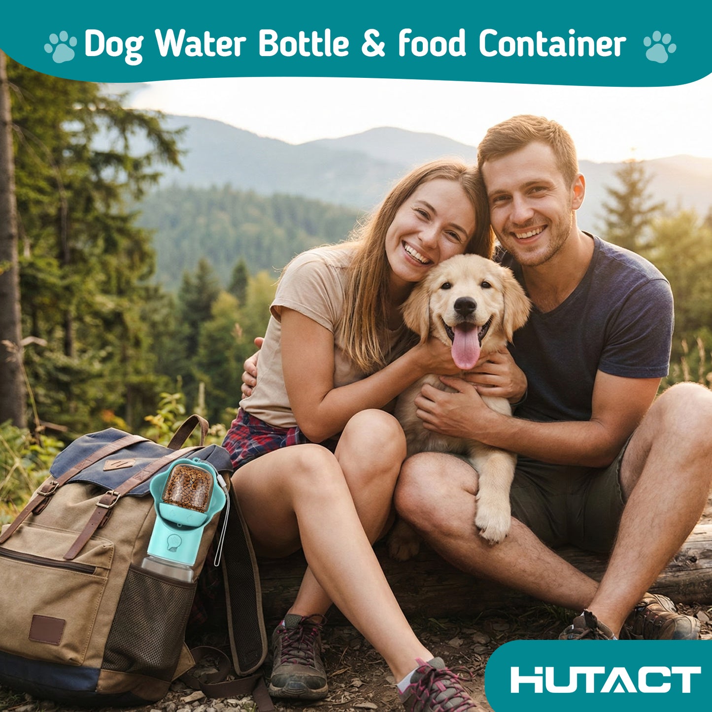 Hutact Dog Water Bottle with Food Container, 18.6oz Pet Dispenser Cup, Detachable 5.7oz Food Container, Portable Leak-Proof Water Bottle with Lock