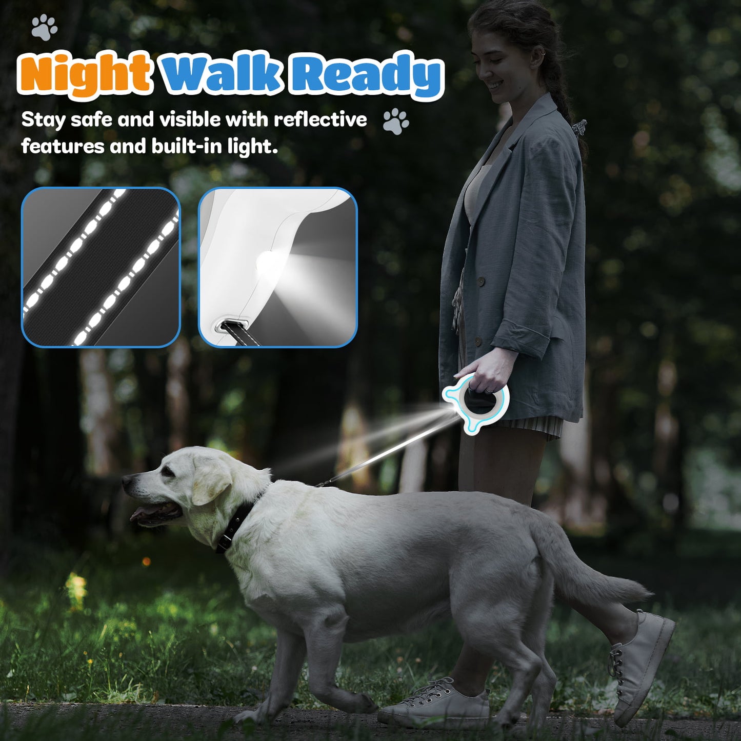 HUTACT Upgrade Retractable Dog Leash with LED Light for Night Walks, Safe 9.84ft Heavy Duty Dog Leash with Hand Free Handle, Tangle-Free for Dog up to 66lbs