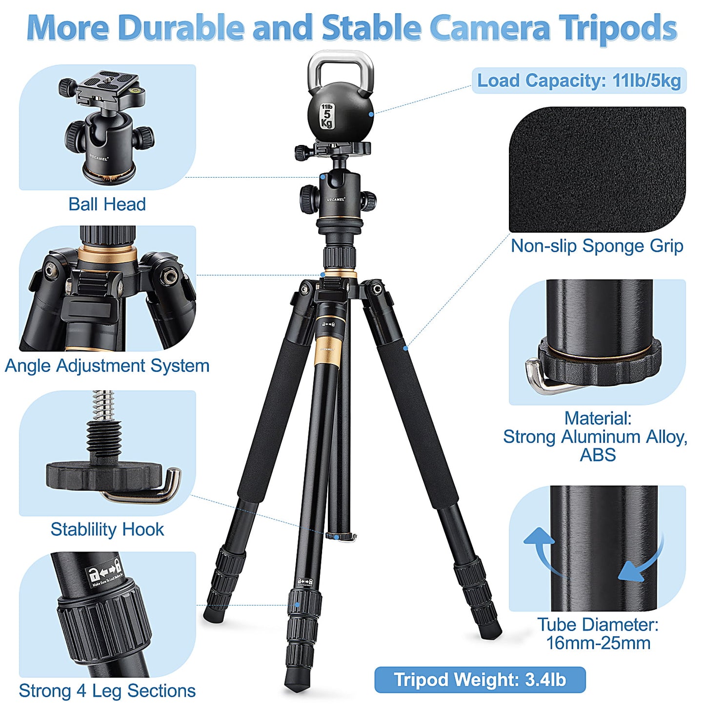 USCAMEL Camera Tripod, Pro Video Tripods for Camera DSLR Adjustable 63" Monopod, Foldable Outdoor Shooting Tripod Travel Photography 360° Ball Head