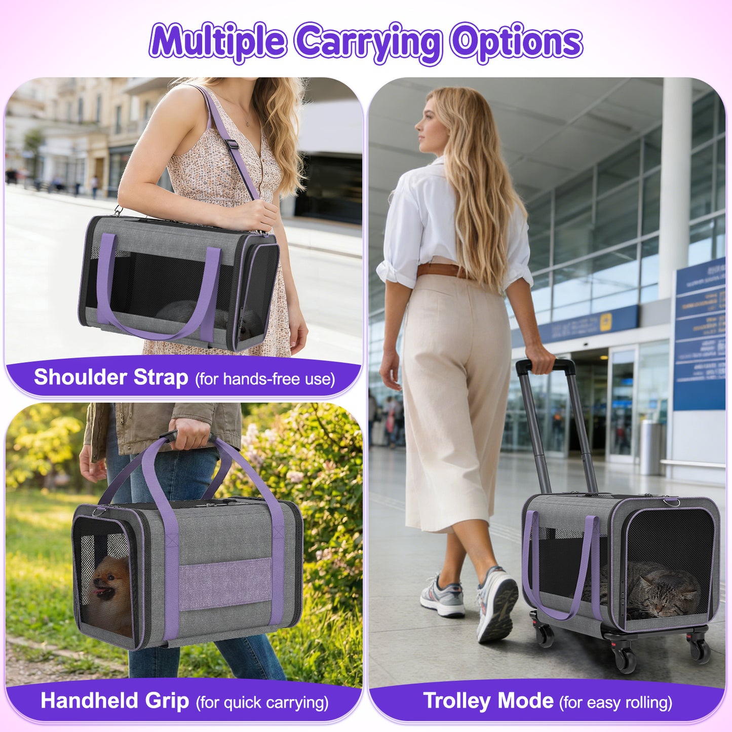 Hutact Rolling Cat Carrier with Wheels, Purple Pet Travel Trolley for Cats & Small Dogs, Airline Approved Cat Carrier Bag with Telescopic Handle for Outdoor Use