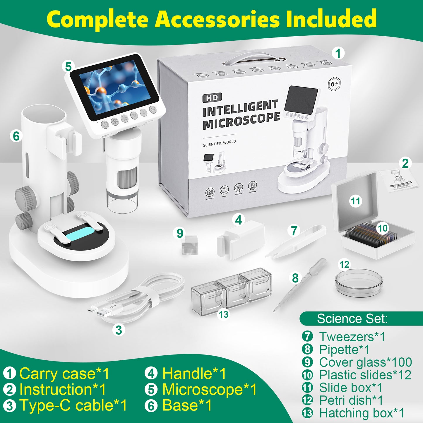 HUTACT Digital Microscope with 3.5” LCD Screen, Microscope for Kids & Adults, 1000X Microscope with Detachable Stand LED Lights, PC Compatible, 10MP HD Imaging, Microscope Kit with Slides