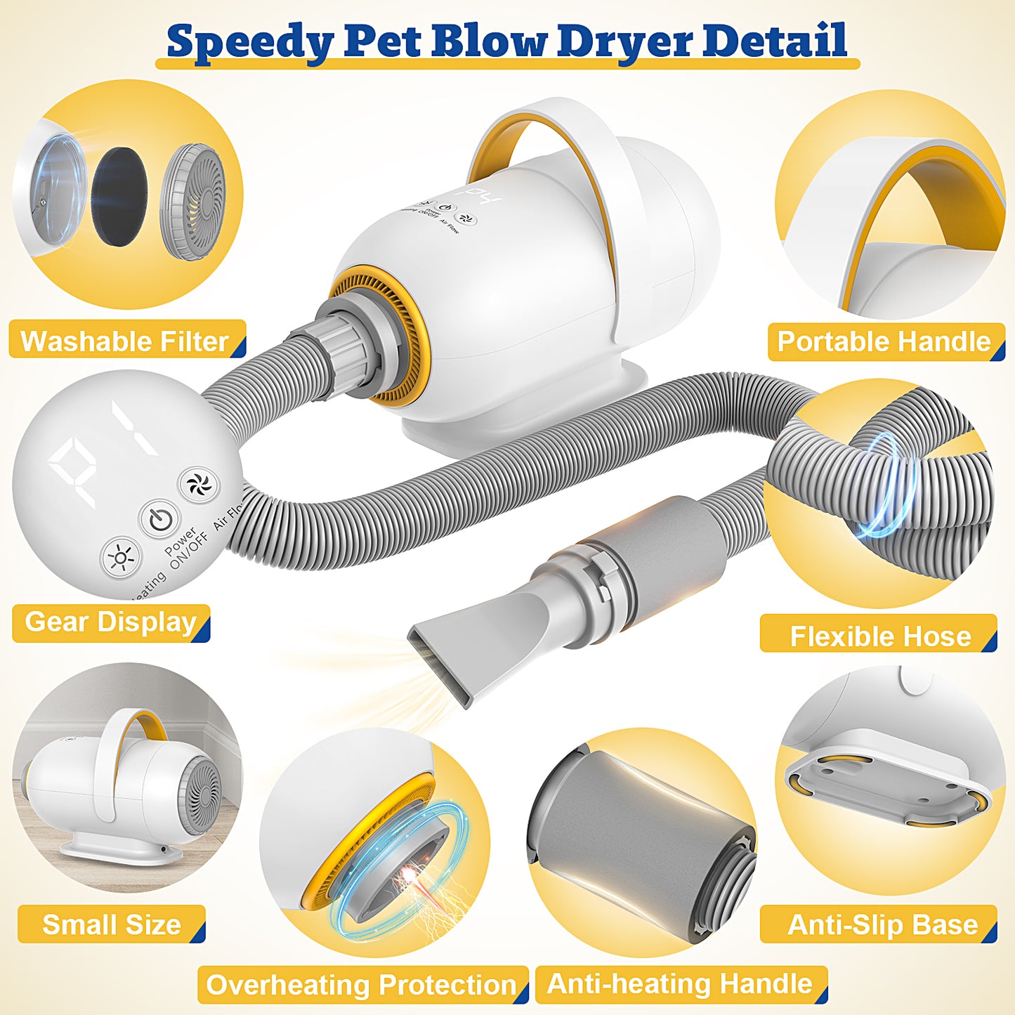 Dog Dryer Blower with Hot Air, 2800W Large Dog Blow Dryer, Pet Hair Force Dryer for Grooming, 7 Airflow Heating Setting Dog Blower w/4 Nozzles