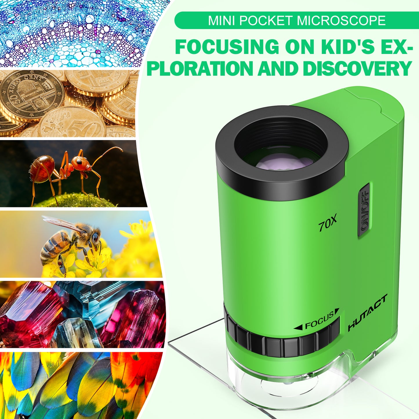 HUTACT Mini Microscope for Kids, 70x Pocket Microscope with 5pcs Prepared Slides, Portable Handheld Microscope for 3-8 Year Olds Gift for Children