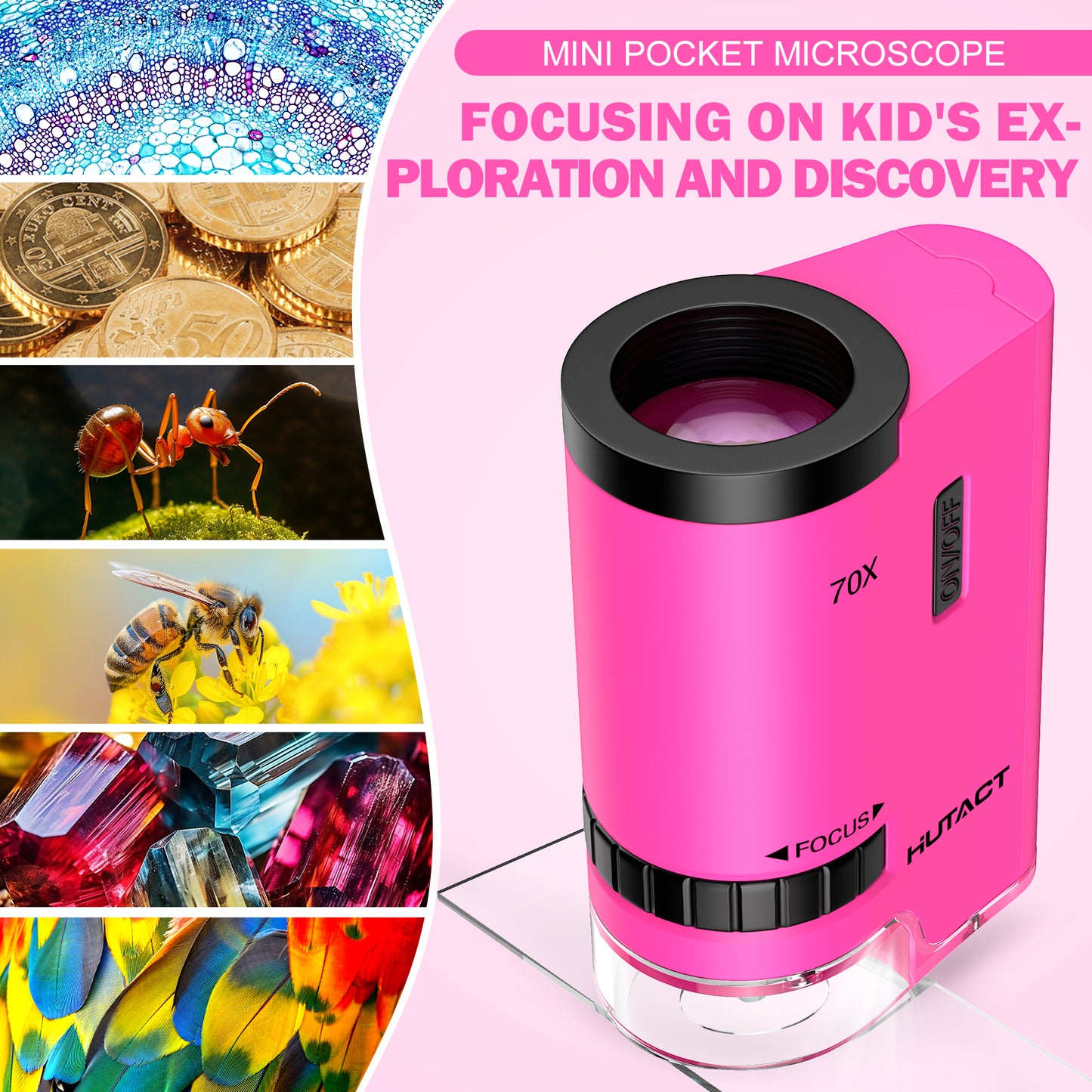 HUTACT Mini Microscope for Kids, 70x Pocket Microscope with 5pcs Prepared Slides, Portable Handheld Microscope for 3-8 Year Olds Gift for Children